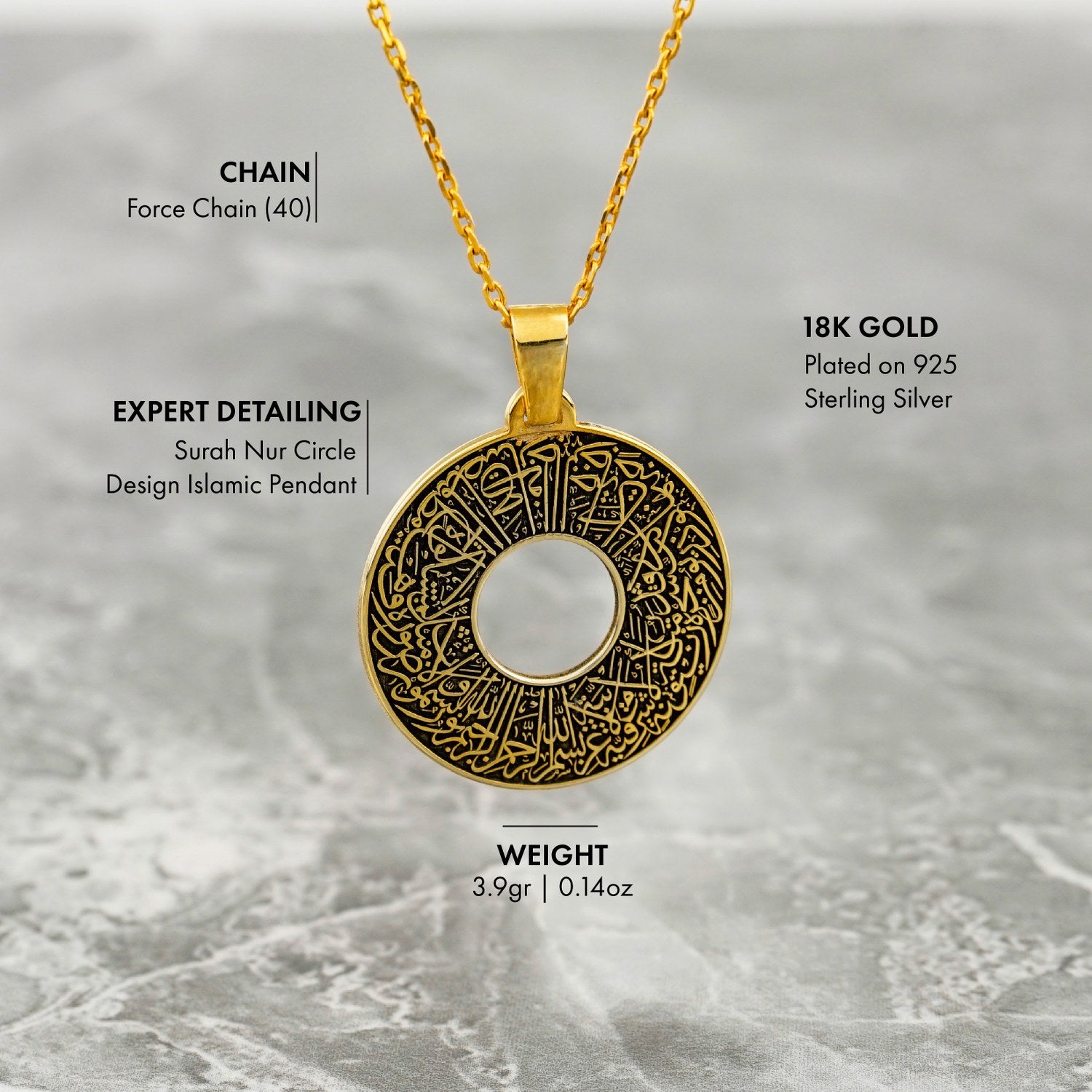 18K Gold Plated Silver Surah Nur Verse 35 Pendant - Islamic Jewelry for Women & Men - Perfect for Daily Wear, Special Occasions & Gift Giving