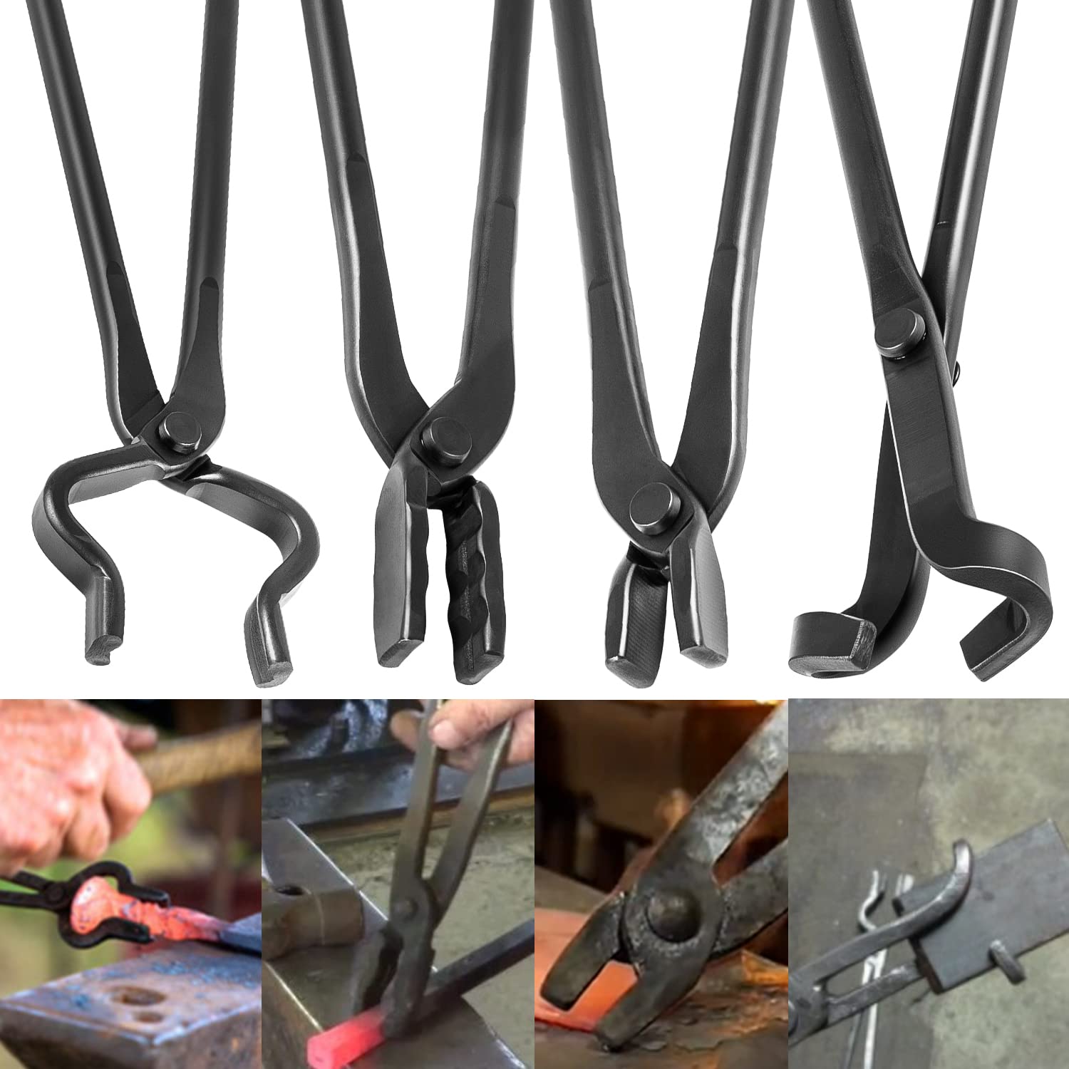 Premium Blacksmith Tongs Set - 4-Piece Forging Tools Kit with V-Bit, Wolf Jaw, Flat & Blade Tongs for Knife Making, Metalworking & Blacksmithing | Ideal for DIY Projects, Professional Workshops & Home Forging