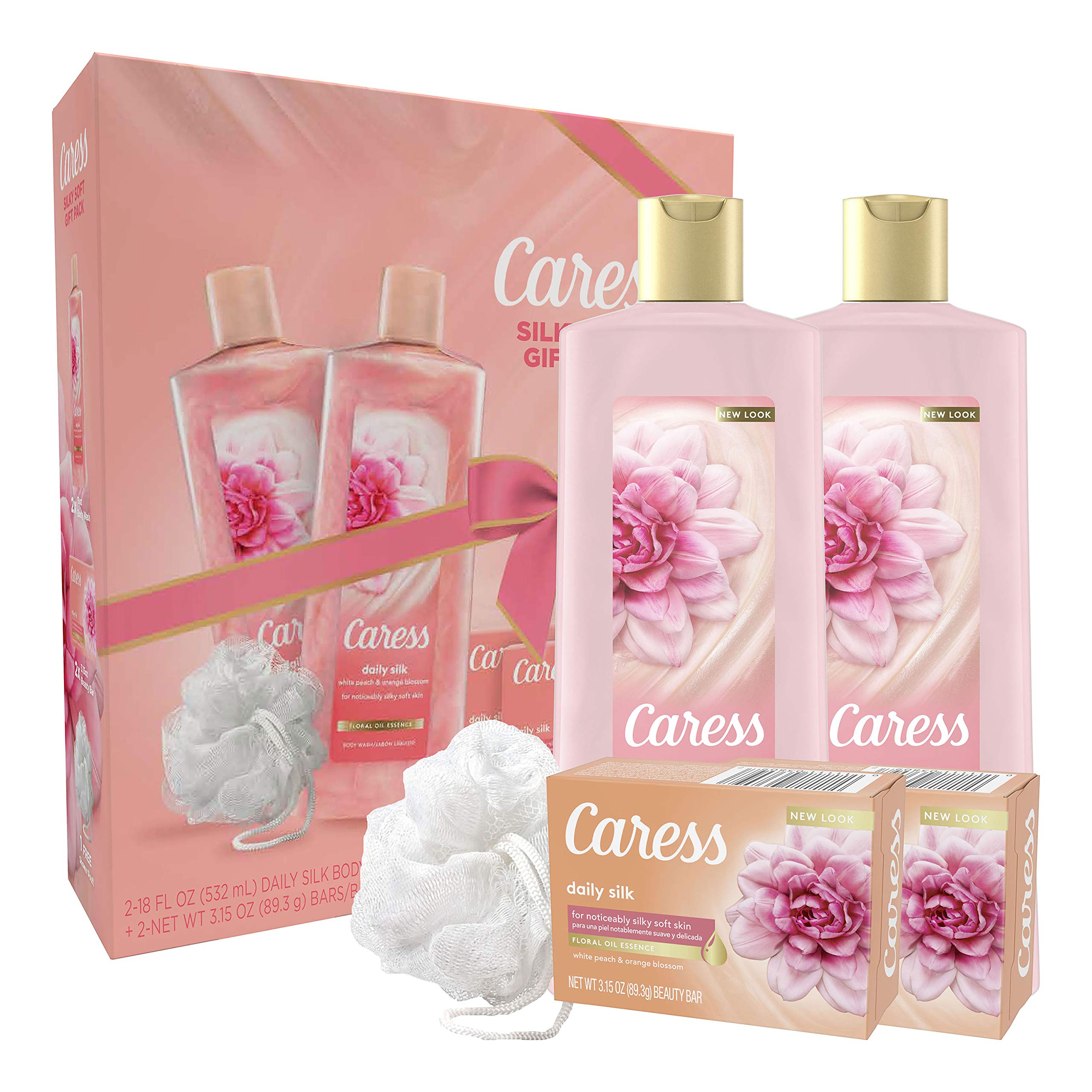 Caress Daily Silk Bar Soap & Hydrating Body Wash Gift Set - 4 Count Pack for Soft, Smooth Skin | Perfect for Shower, Bath & Spa Days at Home