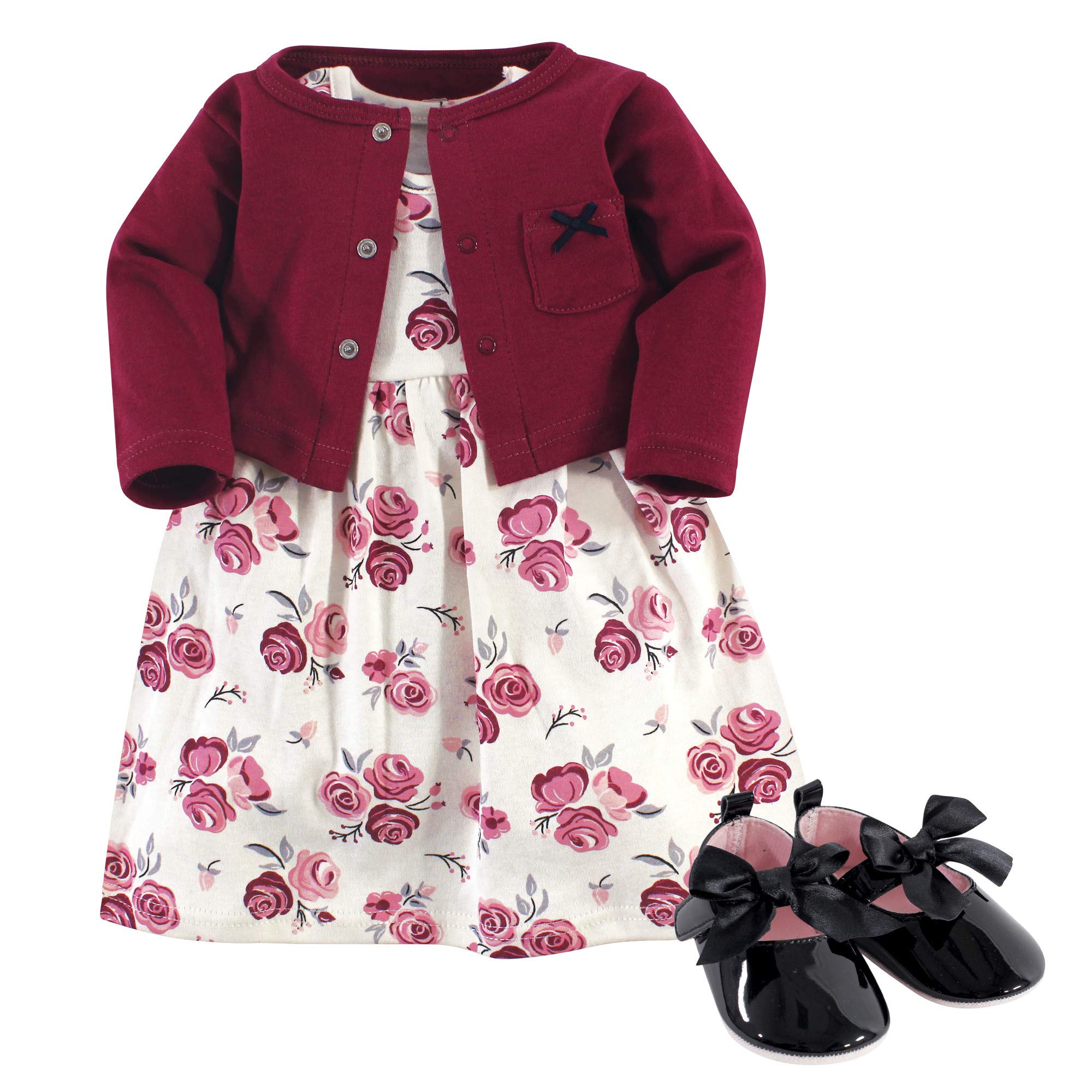 Hudson Baby Girls Cotton Dress Cardigan and Shoe Set - Soft Outfit for Newborns & Infants - Perfect for Family Photos, Parties & Special Occasions