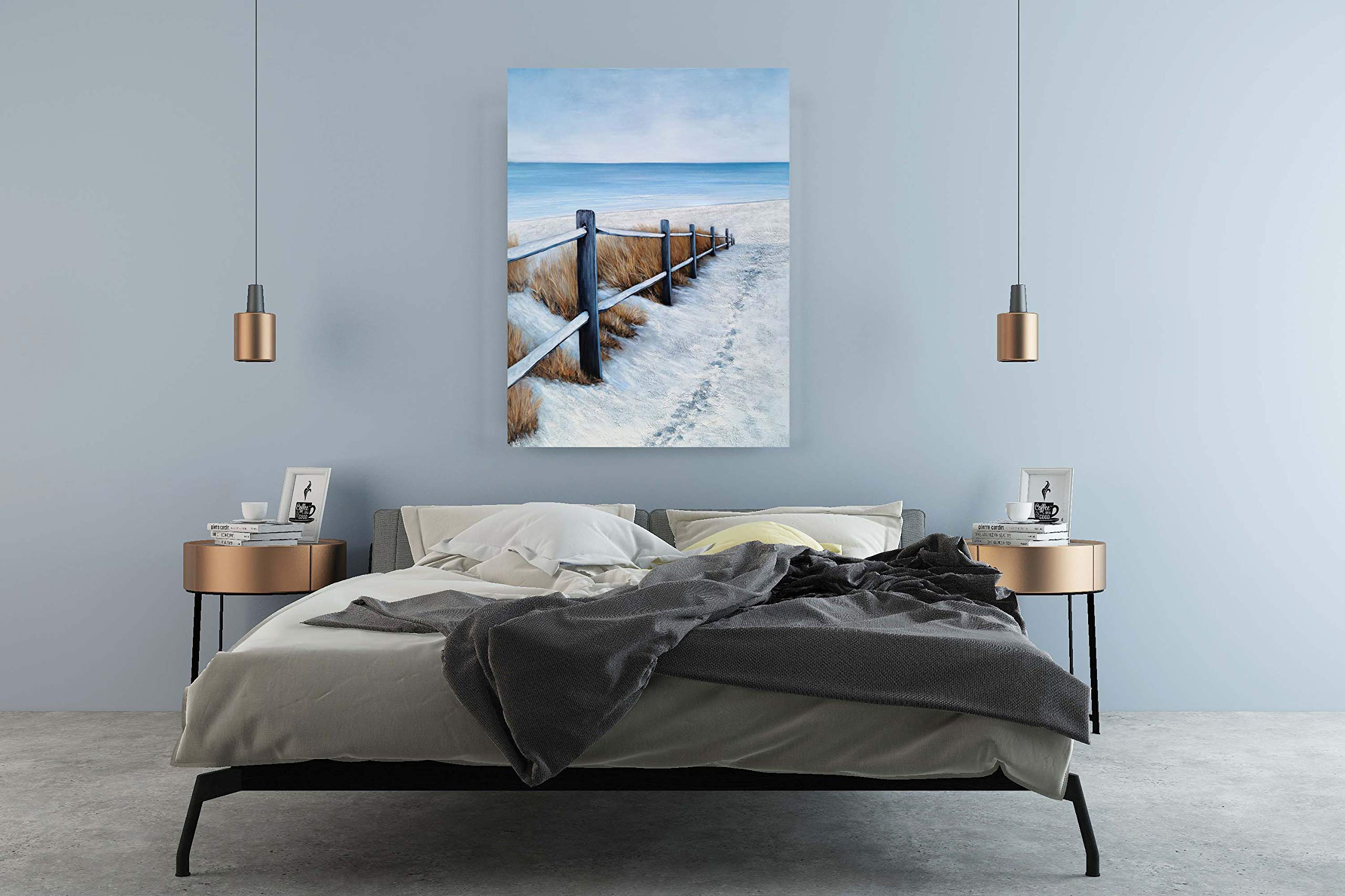 Hand Painted Blue and White Abstract Coastal Canvas Wall Art - Modern Nautical Beach Painting with Fence for Living Room, Bedroom & Bathroom Decor | Perfect for Coastal, Beach House or Ocean Theme Home Styling