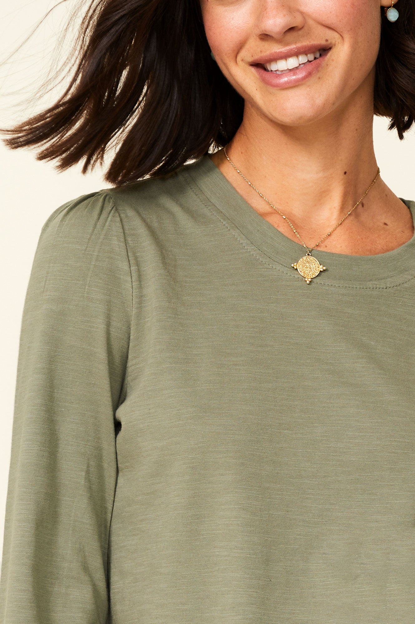 Long Sleeve Puff Shoulder T-Shirt for Women - Khaki Casual Top | Perfect for Fall Outfits, Date Nights & Office Wear