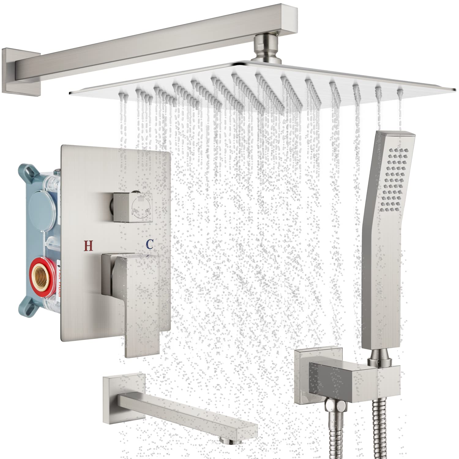 Brushed Nickel Wall Mount Shower System - 3 Function Mixer Shower Combo Kit with 12 Inch Rainfall Shower Head, Handheld Spray & Bathtub Spout - Luxury Rough-in Valve for Bathroom & Spa Experience