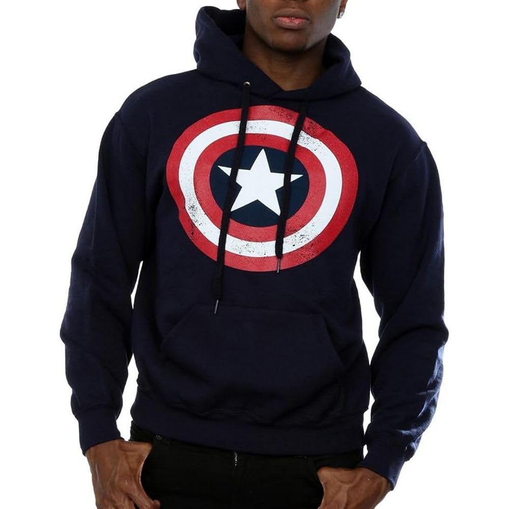 Marvel Captain America Shield Hoodie for Men - Distressed Design, Small Size, Navy Blue - Perfect for Cosplay, Comic Con & Superhero Fans