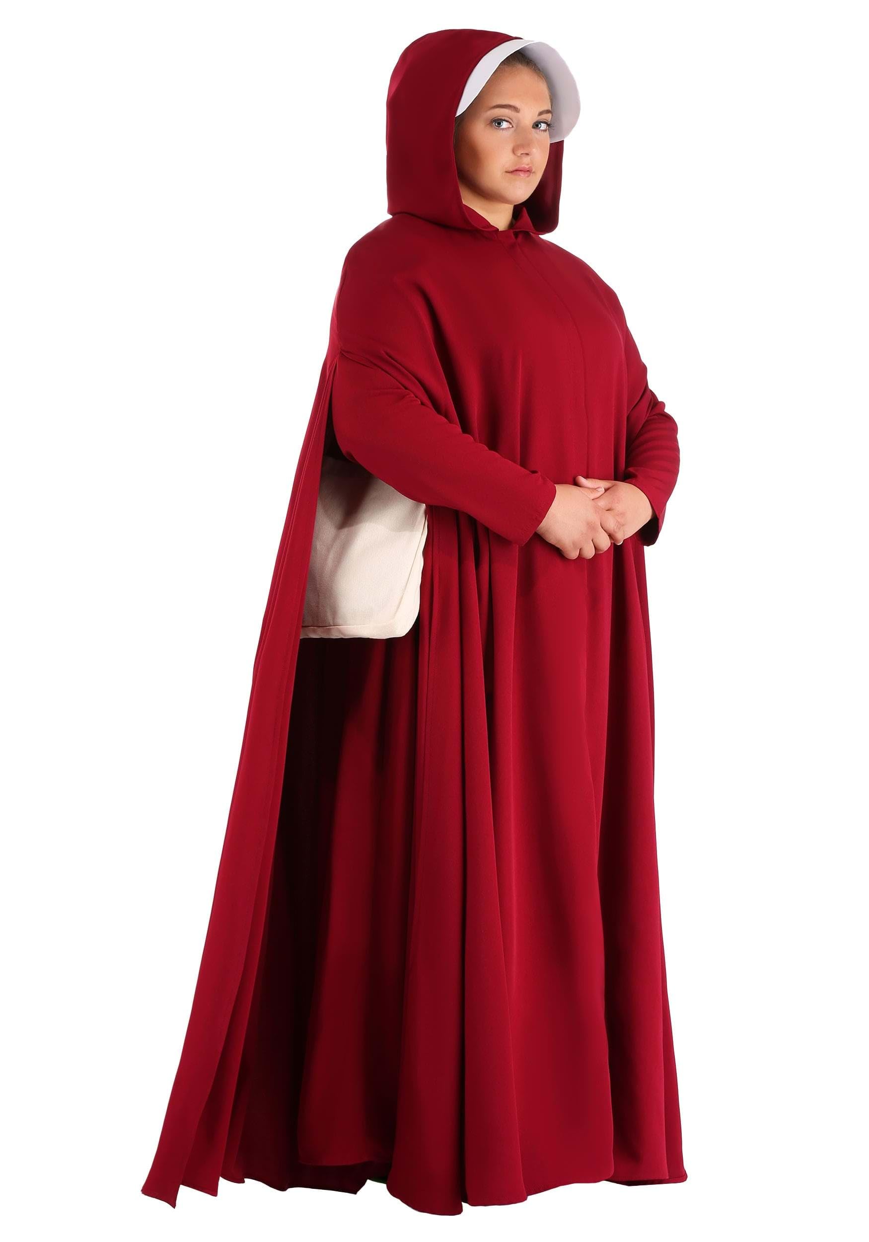 Plus Size Handmaid's Tale Costume - Red Dress with Hooded Cape, White Bonnet, Belt & Satchel Bag | Women's Halloween Cosplay, Book Club Party, Dystopian Theme Event Outfit