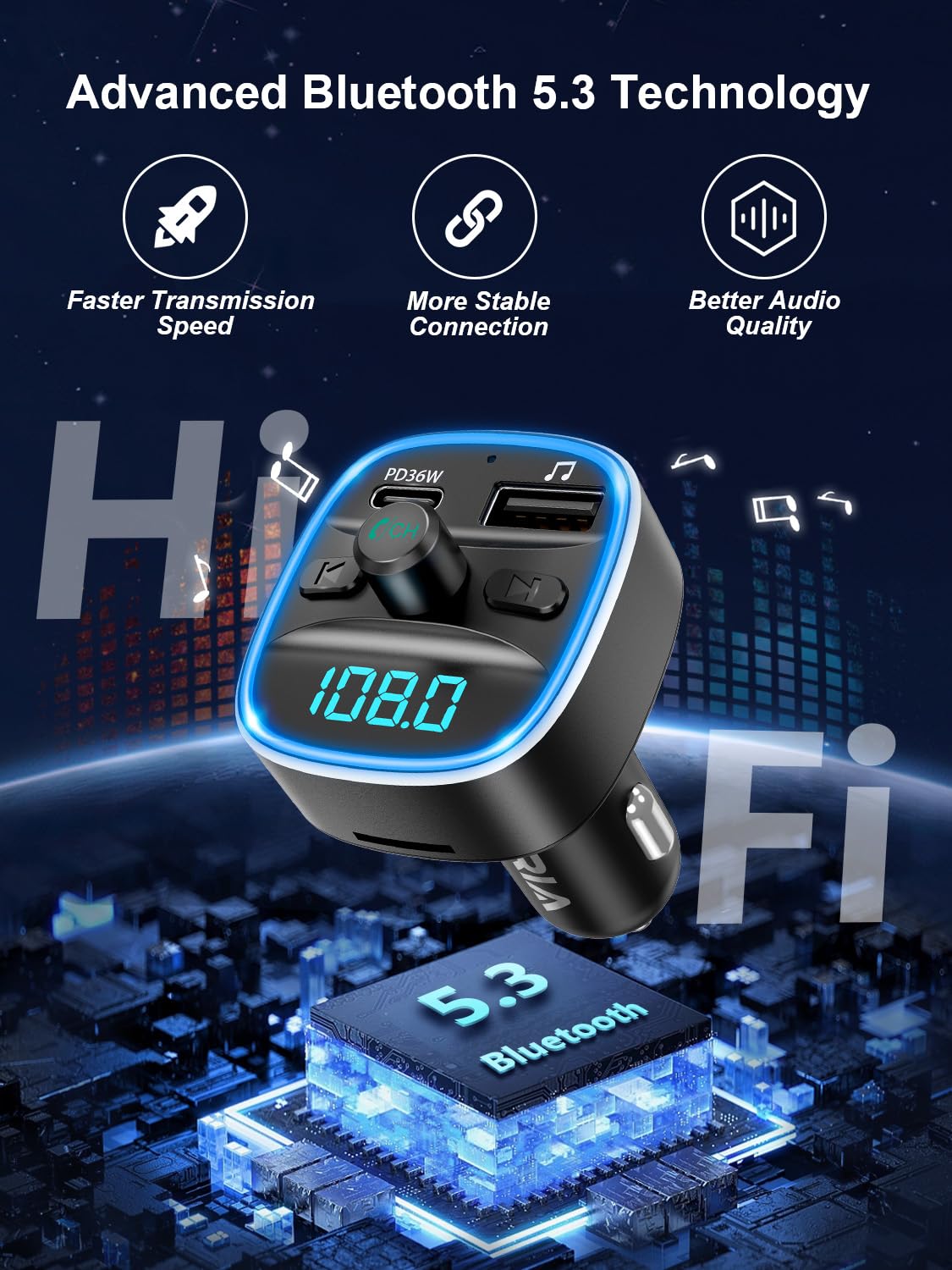 ORIA Bluetooth 5.3 Car Adapter with 36W PD Fast Charging - Wireless FM Transmitter for Car Audio, Hands-Free Calling, Supports TF Card & USB Drive | Perfect for Road Trips, Commuting & Music Lovers