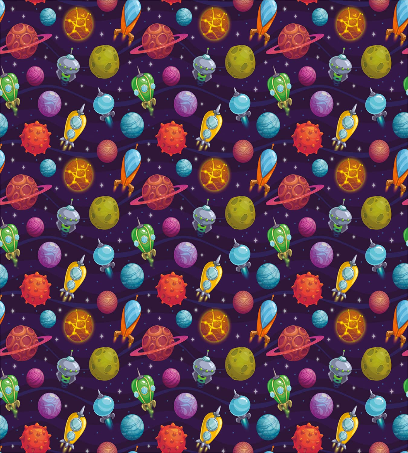 Lunarable Outer Space Duvet Cover Set - Cartoon Planets & Spaceships Galaxy Print Bedding - 2 Duvet Covers & 4 Pillowcases - 2 Pack California King Size Dark Blue - Perfect for Kids' Rooms, Space Themed Bedrooms & Sci-Fi Decor