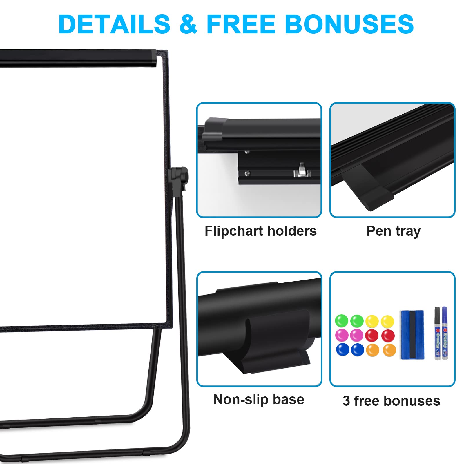 Double Sided Magnetic Whiteboard with Stand - 40x28 Inches Adjustable Height & 360° Rotating Portable Dry Erase Board for Office, Classroom & Home Use - Perfect for Presentations, Teaching & Kids Learning Activities