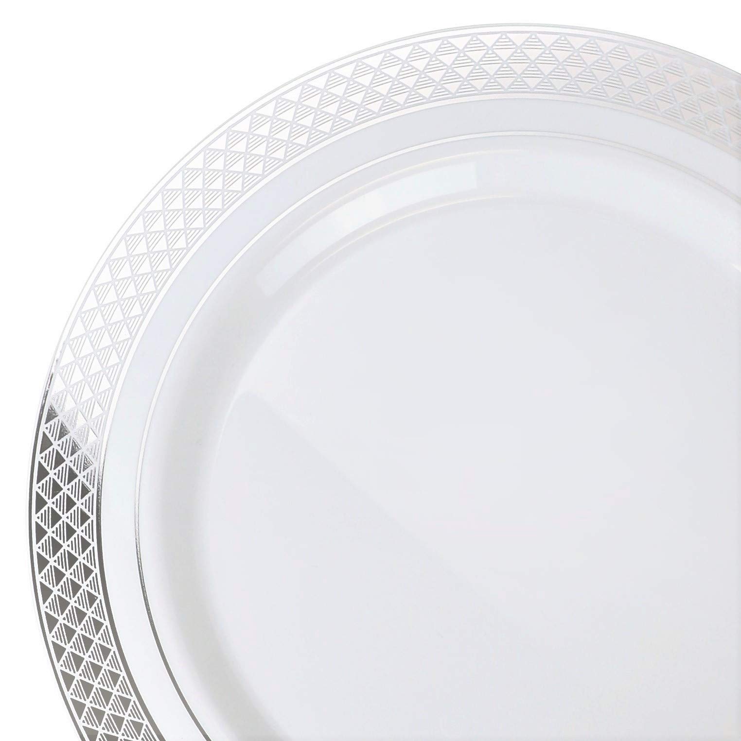 60 Heavyweight Disposable Plastic Plates for Wedding & Party - 10.5'' Elegant White & Silver Dinner Plates - Perfect for Celebrations, Banquets, and Special Events