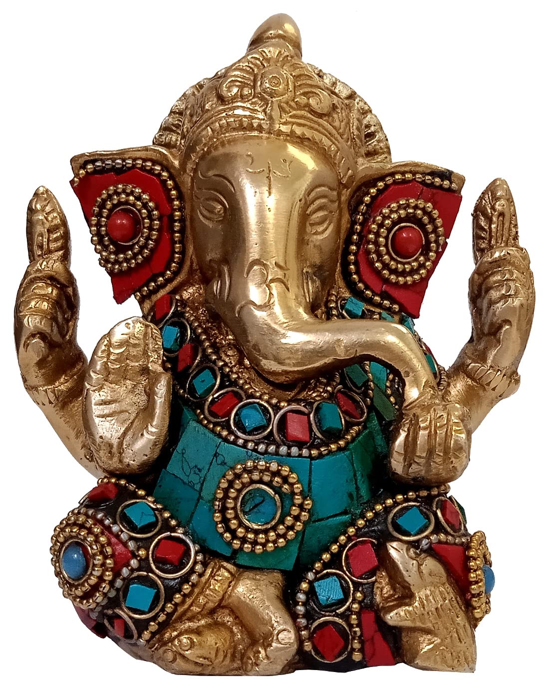 Handmade Solid Brass Lord Ganesha Statue with Turquoise Gemstone - Hindu God Ganapathi Vinayaka Idol for Home Altar, Meditation & Spiritual Decor