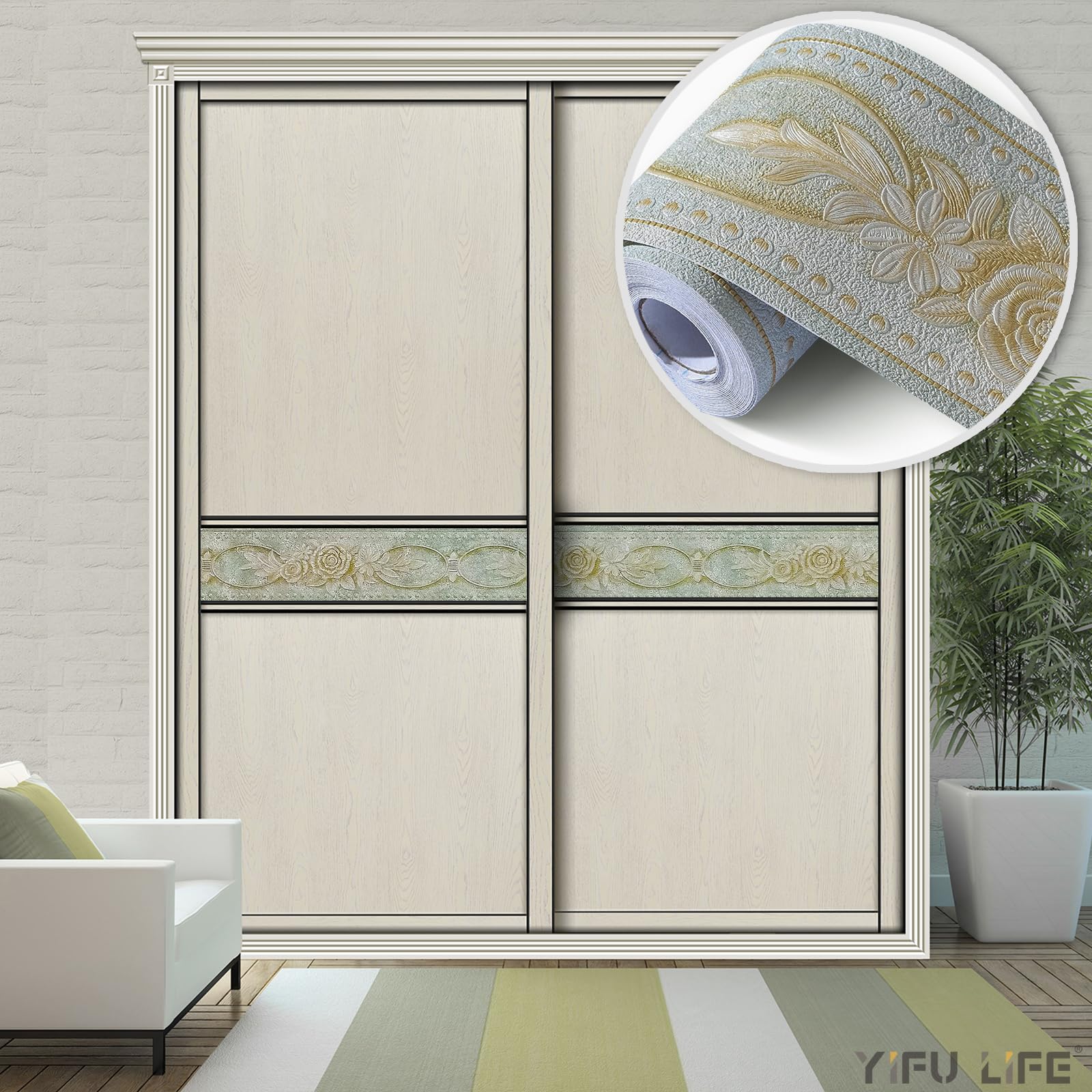 3D Elegant Royal Rose Green Flower Peel and Stick Wallpaper Border - Waterproof Self-Adhesive Wall Decoration for Bathroom, Kitchen, Ceiling (4.2