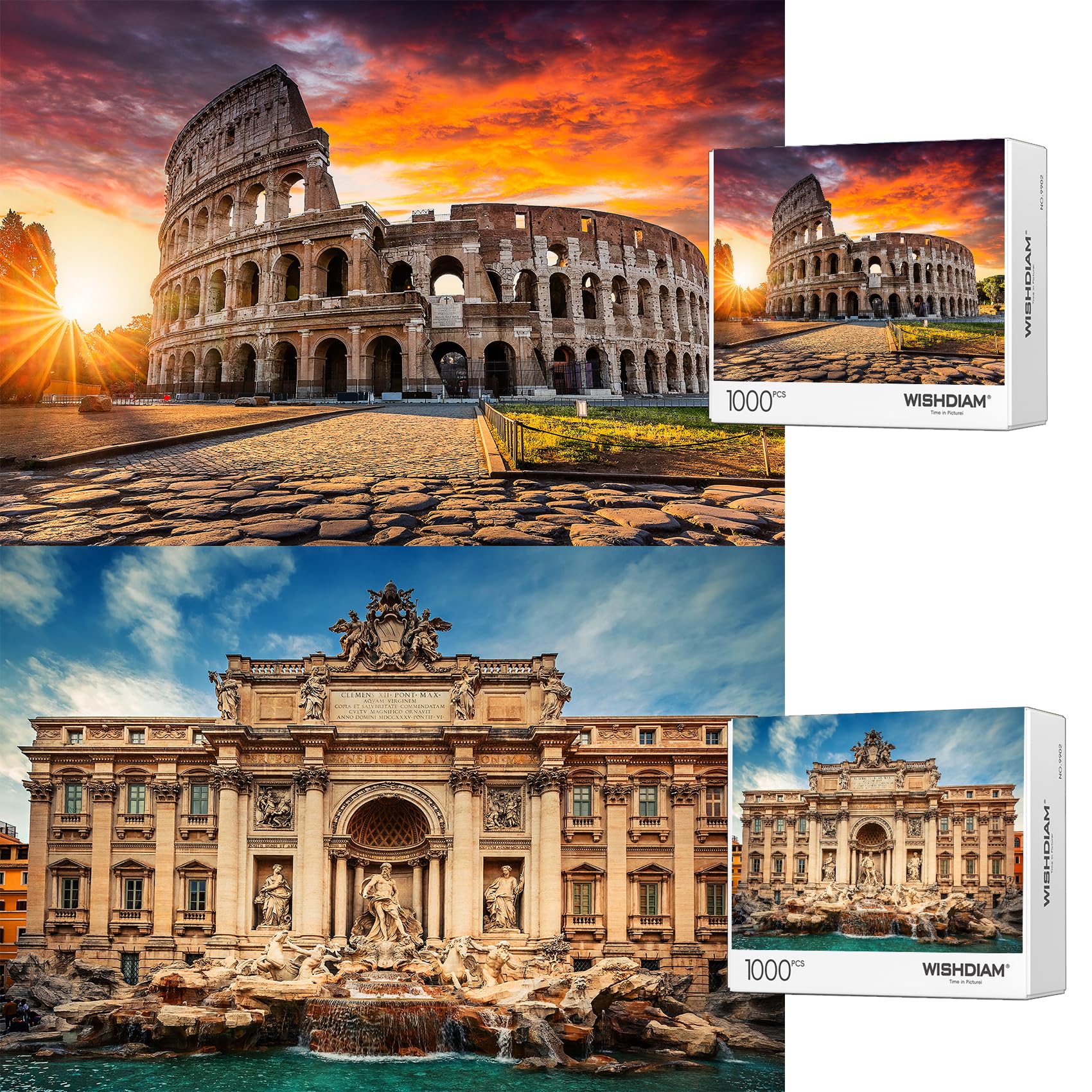 1000 Piece Jigsaw Puzzles 2 Pack - Trevi Fountain & Colosseum Rome Landmark Puzzles for Adults - Challenging Difficult Puzzle Games for Home Decor, Birthday Gifts, Party Activities & Stress Relief (Men & Women)