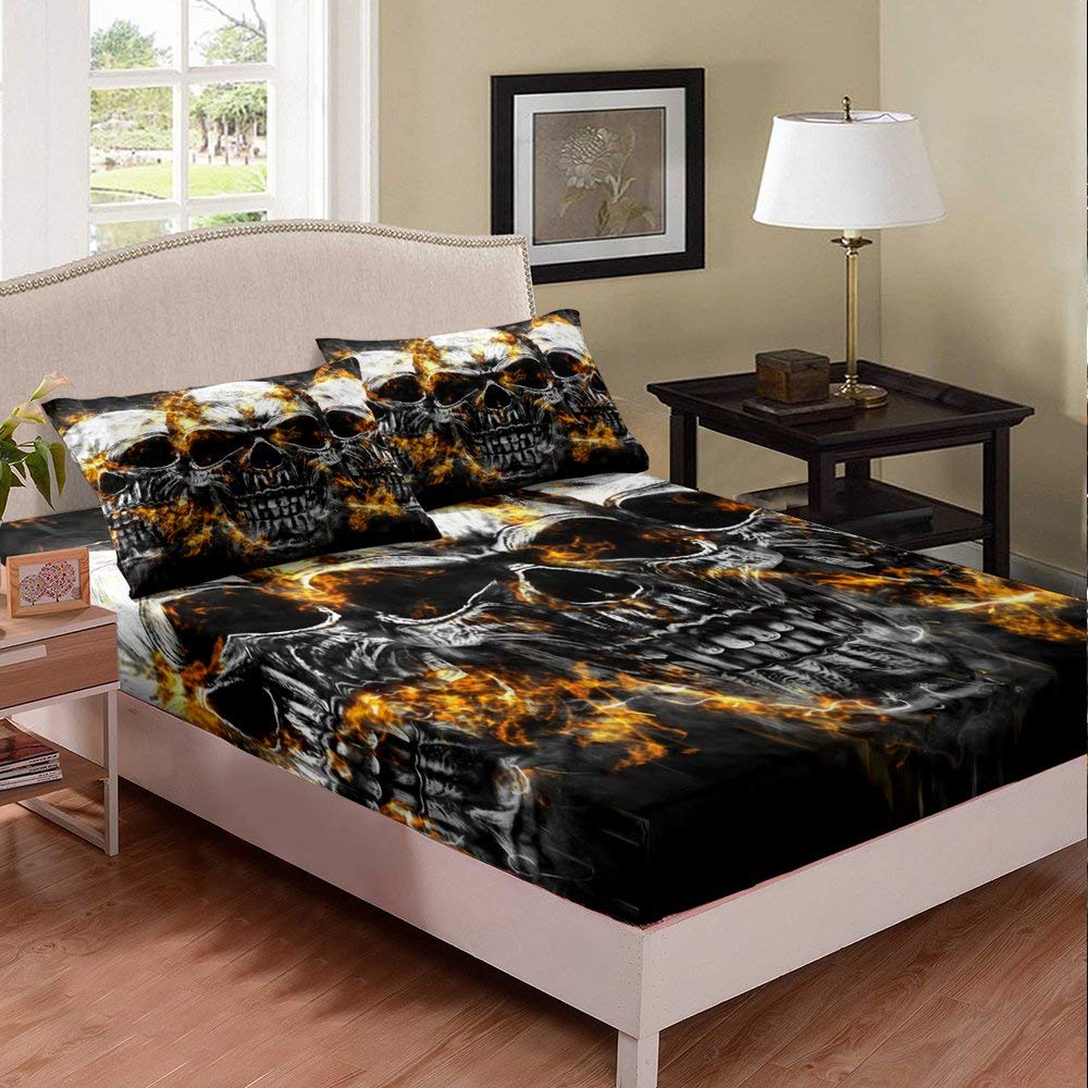 3D Flame Skull Print Queen Size Bed Sheet Set - Gothic Horror Themed Halloween Duvet Cover with Black Background (3PC Set: 1 Fitted Sheet + 2 Pillow Cases) - Perfect for Kids' Room Decor, Spooky Bedroom Makeover & Halloween Party Decorations