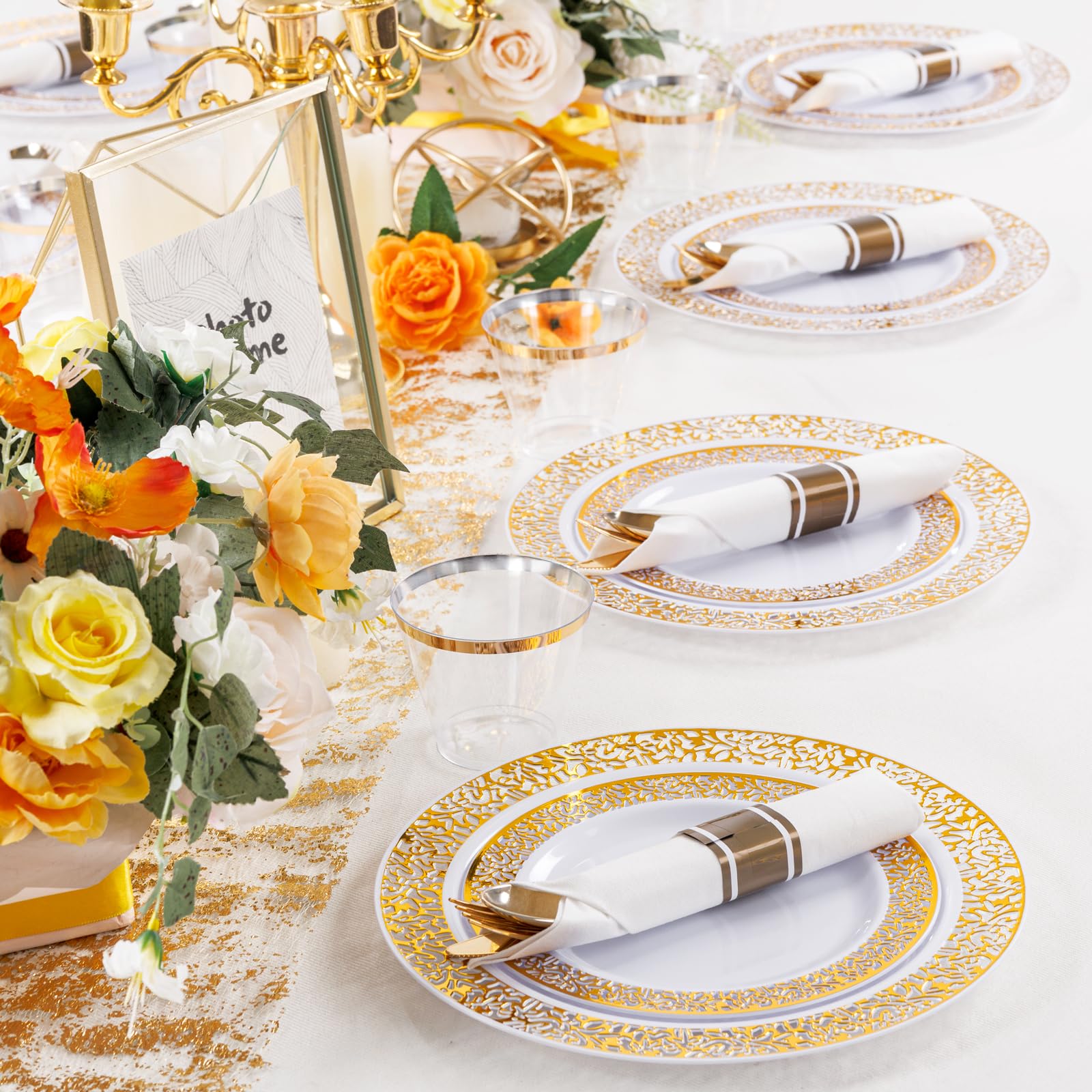 WELLIFE 350-Piece Gold Plastic Dinnerware Set - 50 Dinner Plates, 50 Dessert Plates, 50 Pre-Rolled Napkins with Silverware & 50 Cups - Elegant Disposable Tableware for Wedding, Birthday Party, Baby Shower & Holiday Celebrations