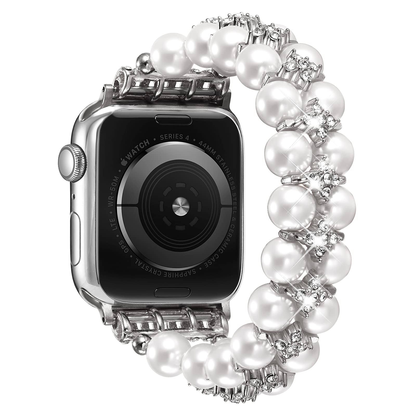TOMMEIE Pearl Beaded Stretch Elastic Apple Watch Band for Women - Compatible with iWatch Series 8/7/6/SE/5/4/3/2/1/Ultra (38mm 40mm 41mm 42mm 44mm 45mm 49mm) - Bling Dressy Fancy Bracelet for Parties, Weddings & Formal Events