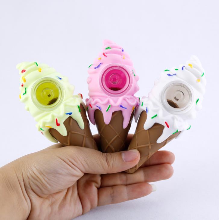 Silicone Ice Cream Hand Pipe with Thick Glass Bowl - Portable Smoking Pipe for Tobacco & Herbs | Perfect for Travel, Camping & Outdoor Activities