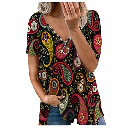 FMCHICO Women's Striped Print V-Neck Zipper Tunic Tee - Short Sleeve Casual Blouse, Loose Fit Tops for Everyday Wear, Work & Weekend Outings