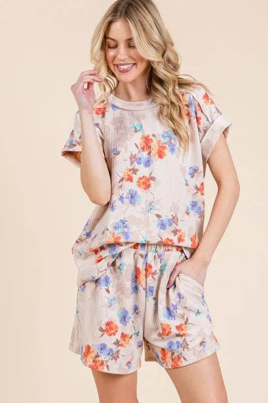 BOMBOM Floral Round Neck Ribbed T-Shirt for Women - Soft Stretch Casual Tee for Everyday Wear, Date Night & Summer Outfits