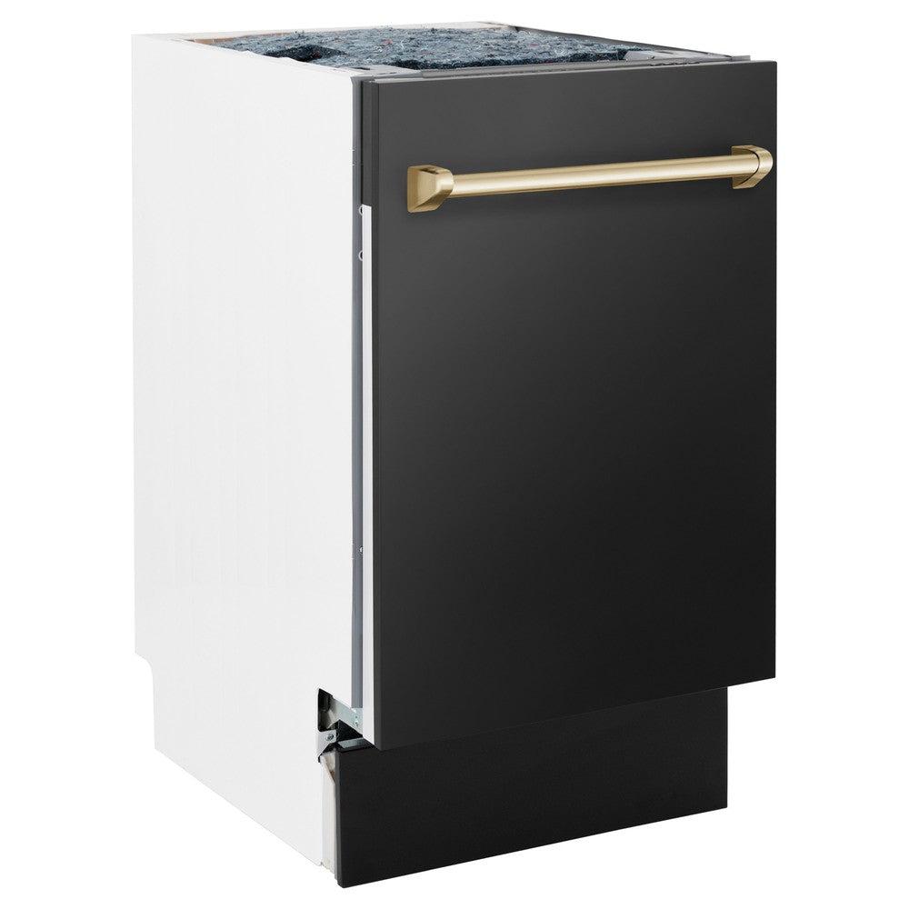ZLINE Autograph Edition 18-Inch Compact Dishwasher with 3rd Rack - Black Stainless Steel with Polished Gold Handle, 51dBa (DWVZ BS 18 G) | Perfect for Small Kitchens, Apartments & RVs | Energy Efficient & Quiet Operation