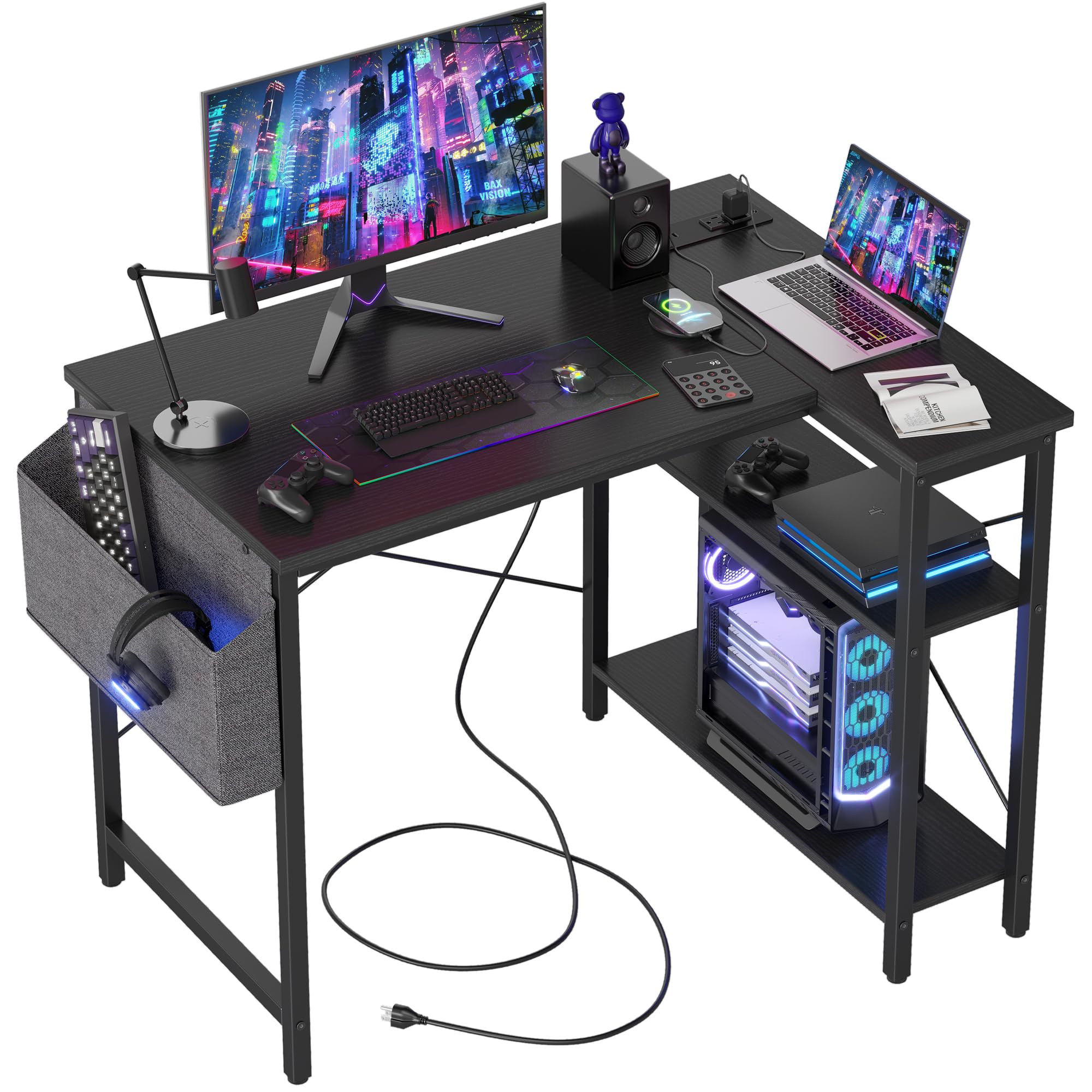 TIQLAB 40 Inch L-Shaped Computer Desk with Power Outlets & Reversible Shelves - Compact Corner Gaming Desk, Home Office Workstation, Study Writing Table for Bedroom & Living Room (Black) - Perfect for Small Spaces & Multi-Functional Workspaces