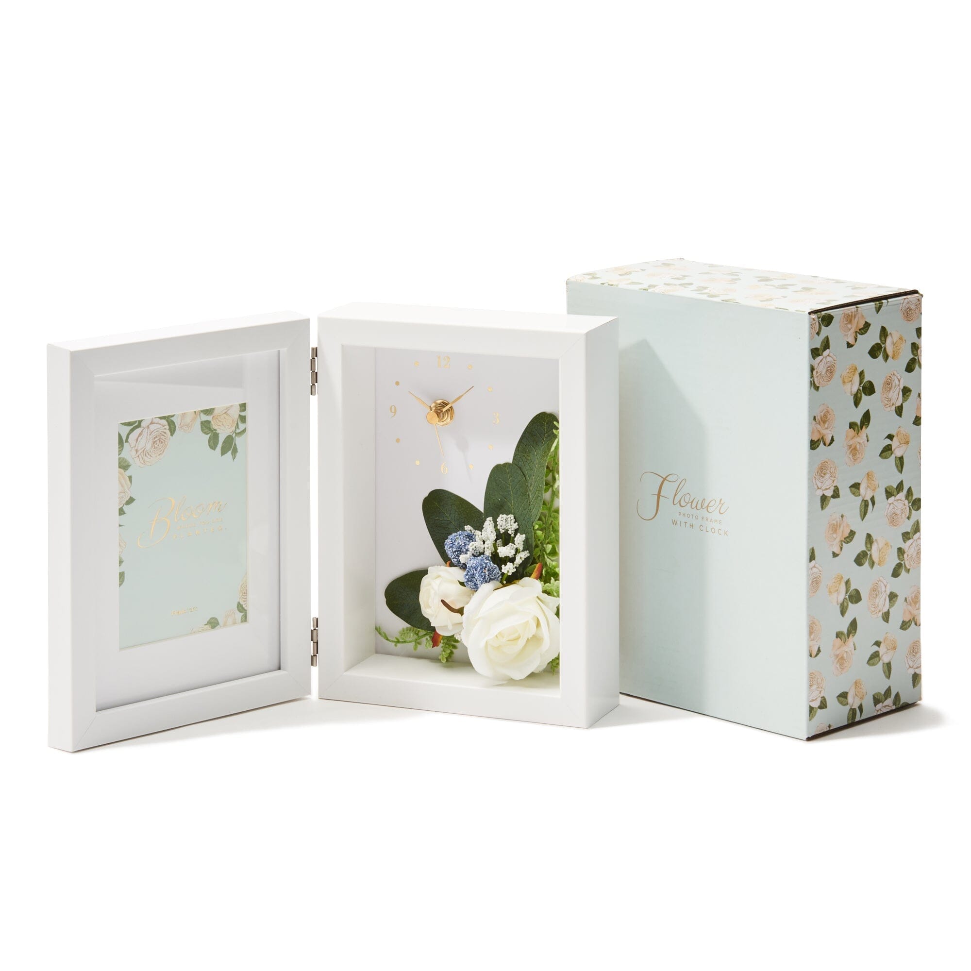 White Floral Photo Frame with Built-in Clock - Perfect for Home Decor, Wall Art, and Gift Giving