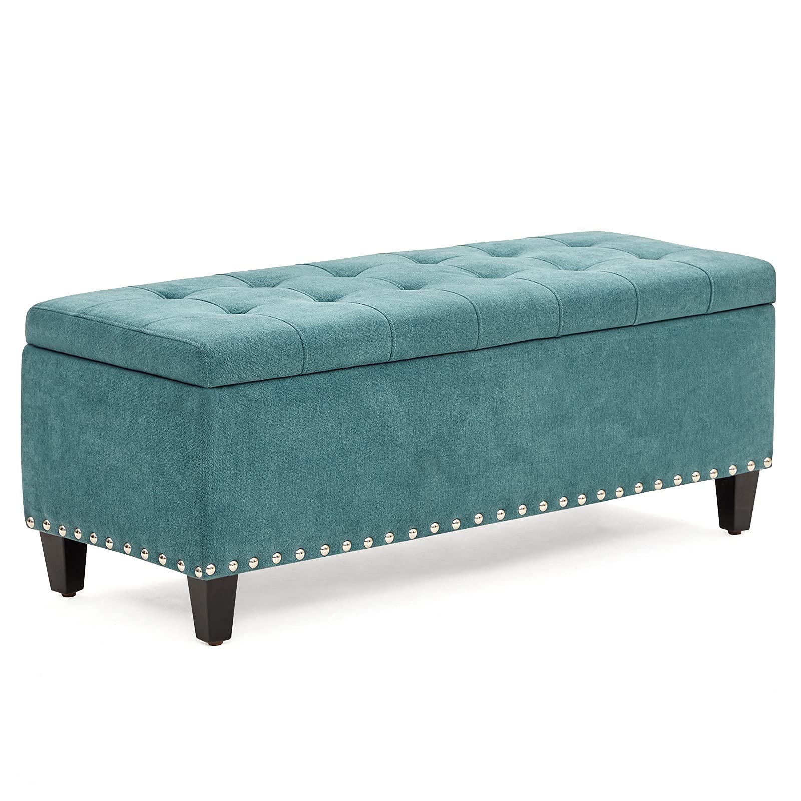 HUIMO 41-inch Upholstered Fabric Storage Ottoman Bench with Safety Hinge - Button-Tufted Teal Storage Ottoman for Bedroom, Living Room & Entryway - Perfect as Bed Bench, Footrest & Extra Seating