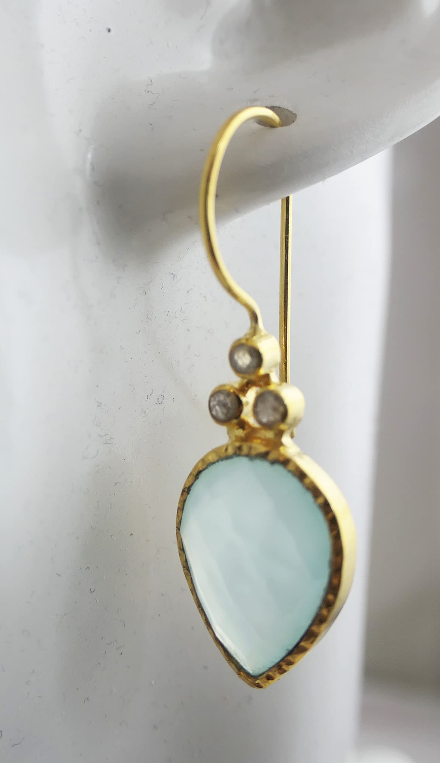 Aqua Chalcedony & Diamond Gold Plated Sterling Silver Earrings for Women - Natural Gemstone Jewelry - Handmade Gift for Birthday, Valentine's Day, Mother's Day - Elegant Statement Earrings for Parties, Weddings & Special Occasions