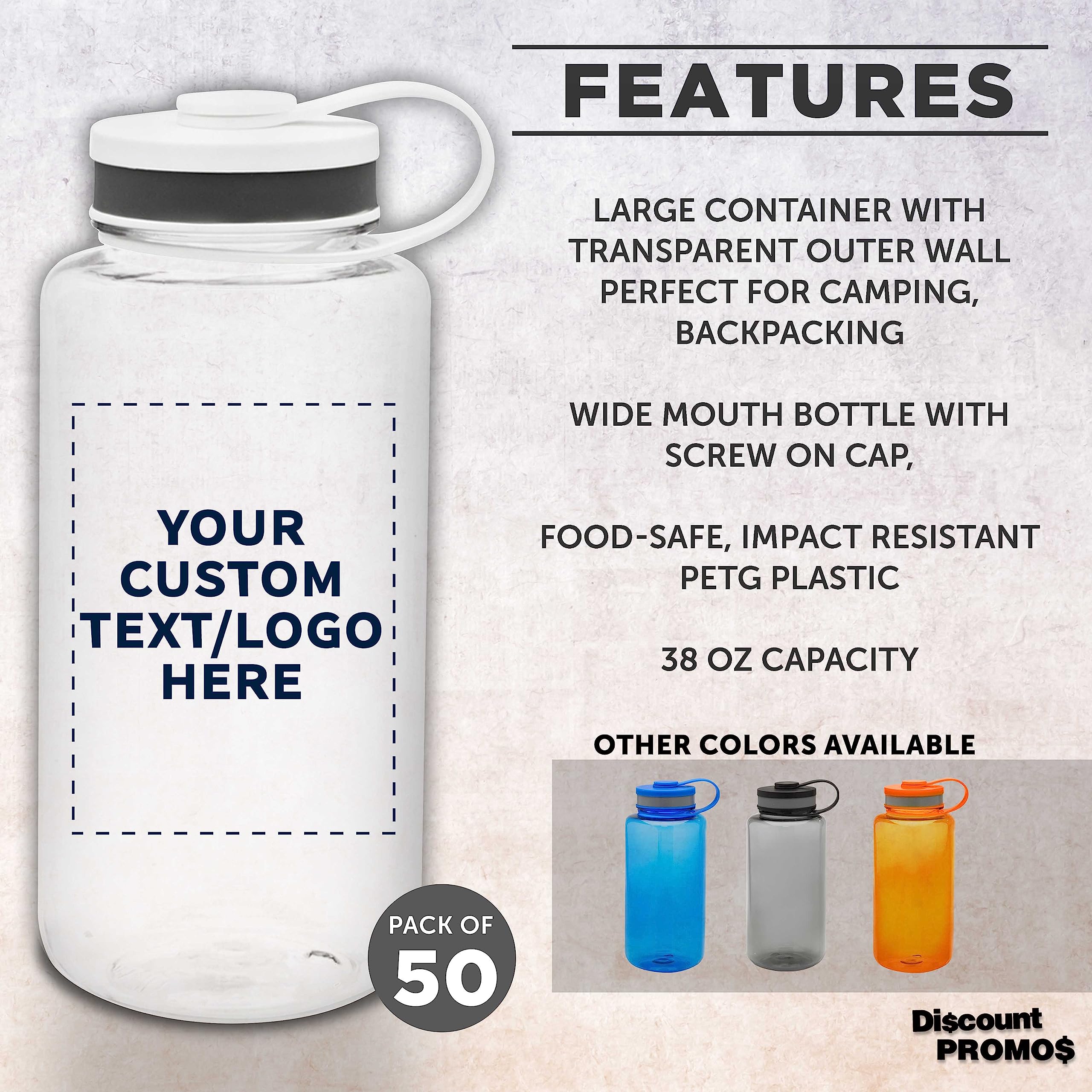 Custom 38 oz Plastic Sports Water Bottles with Flip Lid - Bulk Pack of 50 - Personalized Hydration Bottles for Gym, Hiking, Cycling - Clear Reusable Water Bottles for Camping, Backpacking & School Activities