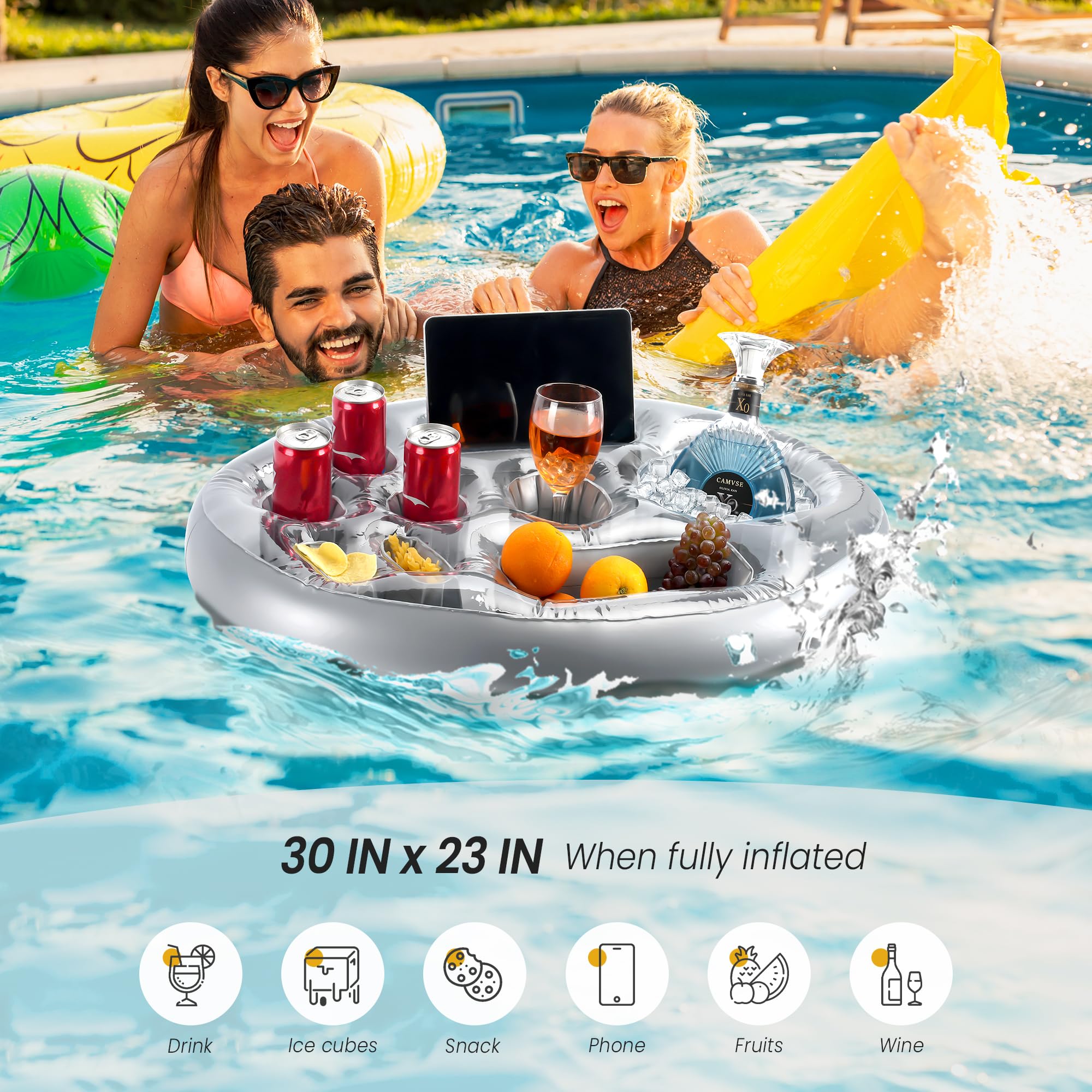 Inflatable Floating Drink Holder for Pool & Hot Tub - Silver | Adult Pool Accessories | Drink Floaties for Swimming, Relaxing & Parties | Perfect for Summer BBQs, Beach Days & Backyard Lounging