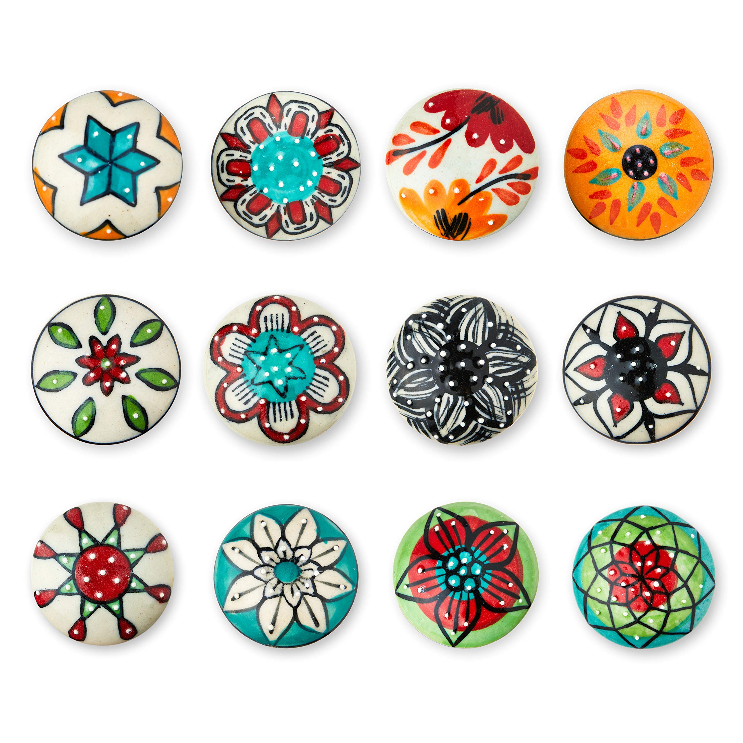 12-Pack Colorful Handmade Ceramic Cabinet Knobs - Multi-Design Drawer Pulls for Kitchen, Bathroom & Office (Includes Wrench, Screw Caps & Extra Bolts) | Perfect for Cabinets, Dressers, Vanities & DIY Furniture Upgrades