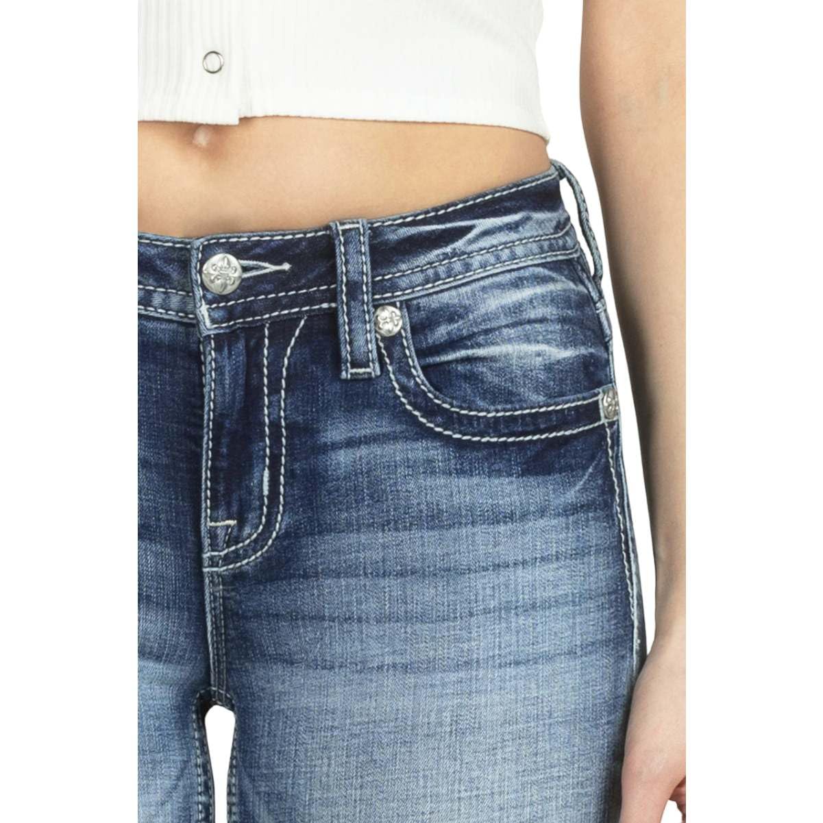 Miss Me Women's Botanical Border Embellished Mid-Rise Bootcut Jeans - Floral Design with Faux Flap Pockets - Comfortable Stretch Denim for Casual Wear & Date Nights