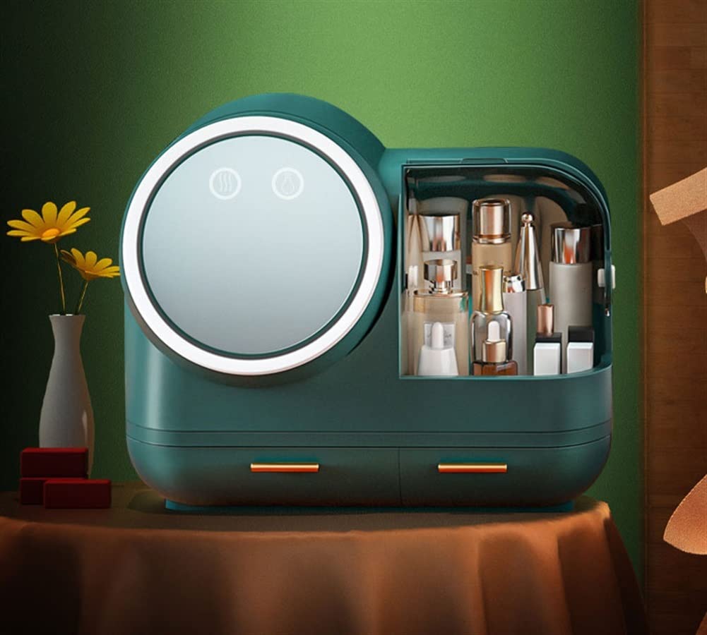 Waterproof LED Makeup Organizer Box - Dustproof Cosmetic Storage Case with Light for Bathroom, Vanity, Dresser & Desk | Portable & Stylish Beauty Display (Green) - Perfect for Travel, Home & Salon Use