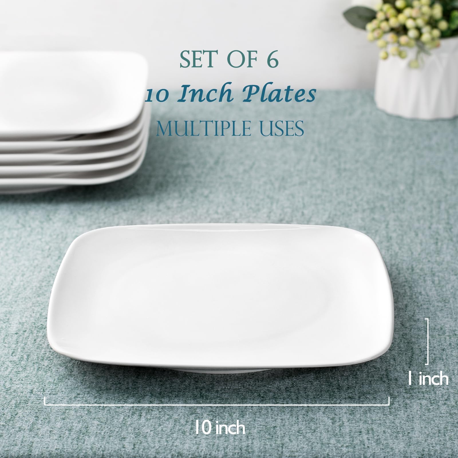 Delling 10-Inch Square Appetizer Plates Set of 6 - White Ceramic Dinner Plates for Dessert, Salad & Main Course | Perfect for Restaurants, Home Kitchen & Dinner Party Serving