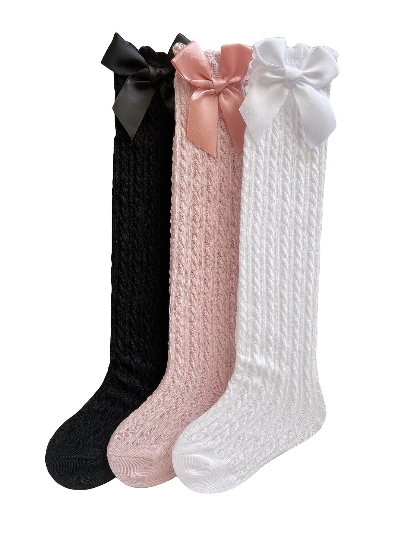OYOANGLE Girls' 3-Pair Knee High Socks with Bow - Cute Over-the-Calf Stockings for Kids - Perfect for School Uniforms, Winter Outfits & Dress-Up Play