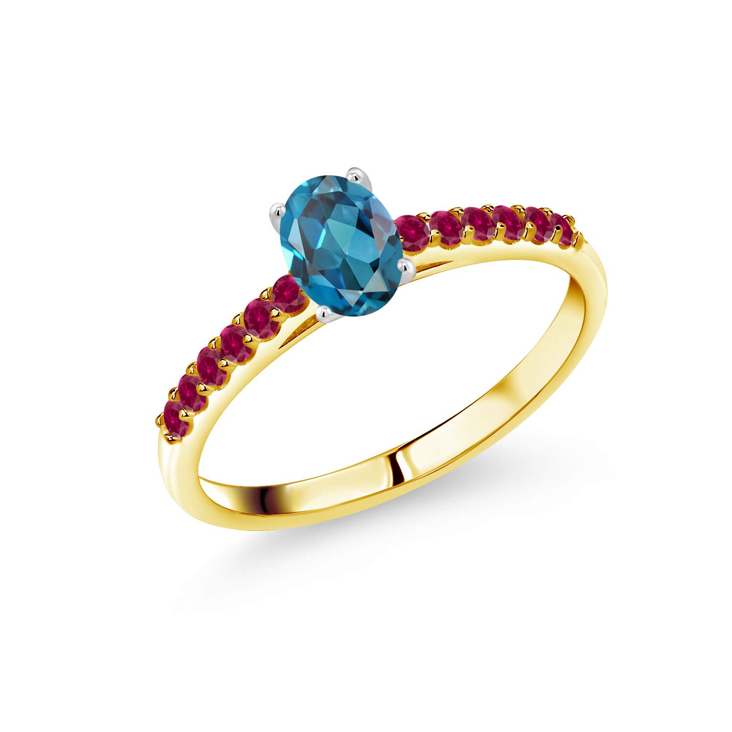 0.78 Ct London Blue Topaz & Red Created Ruby 10K Yellow Gold Ring with White Gold Prongs - Elegant Gemstone Jewelry for Engagement, Anniversary & Special Occasions