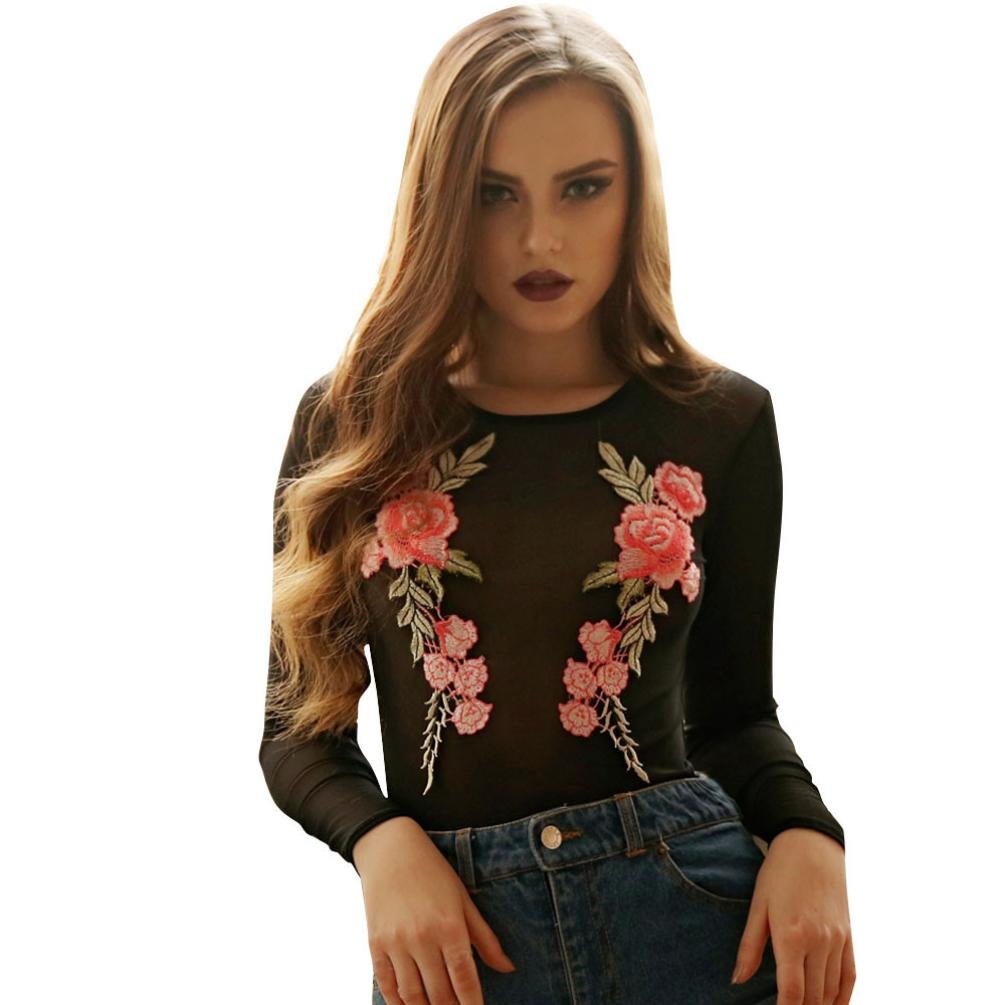 POCCIOL Women's Romantic Mesh Jumpsuit - Long Sleeve Embroidered Floral Leotard with Sheer Appliques for Dance, Yoga & Evening Wear