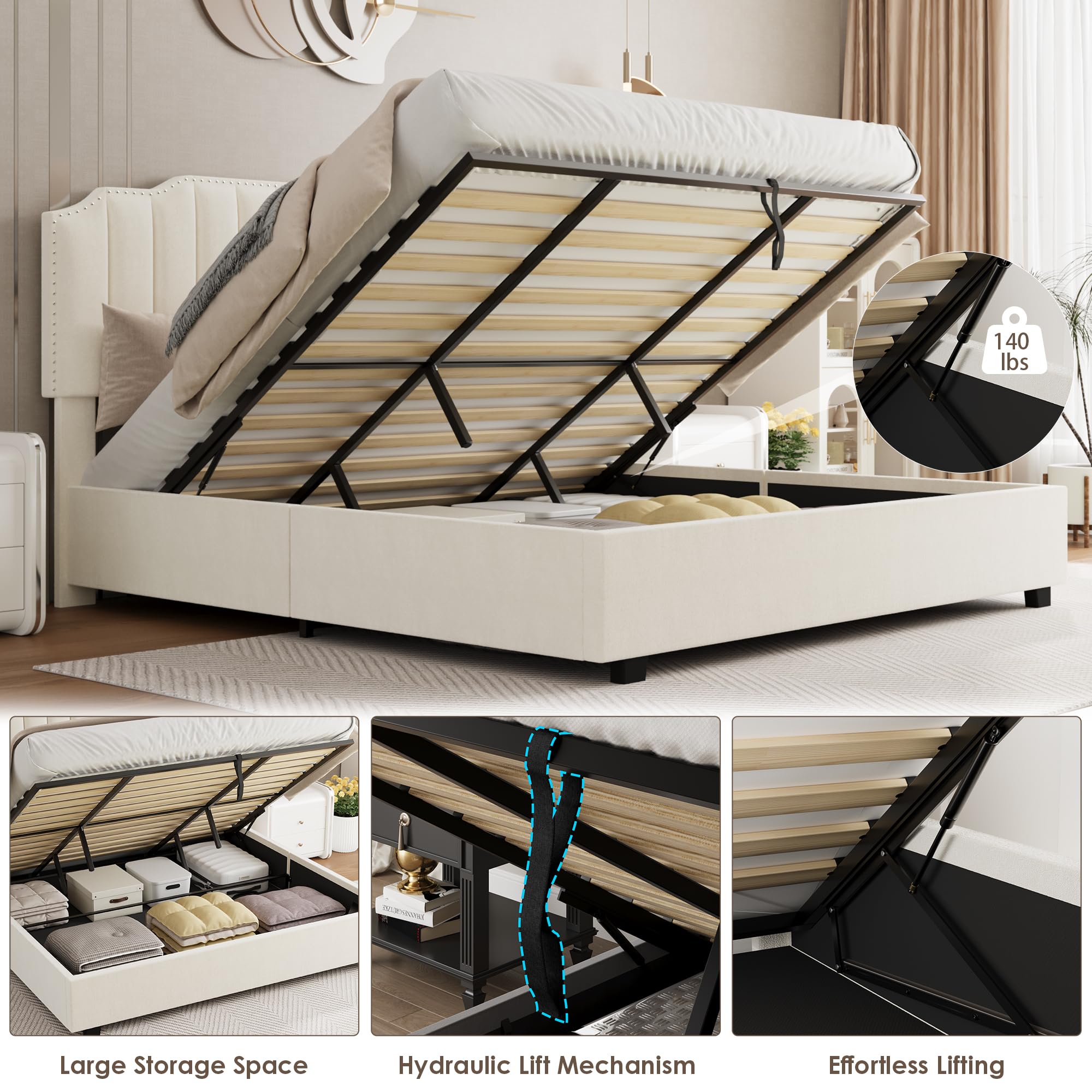 Harper & Bright Designs Queen Size Platform Bed with Lift-Up Storage - Velvet Upholstered Bed Frame with Headboard & Wood Slats | Noise-Free Bedroom Furniture (Beige) | Perfect for Small Spaces & Guest Rooms