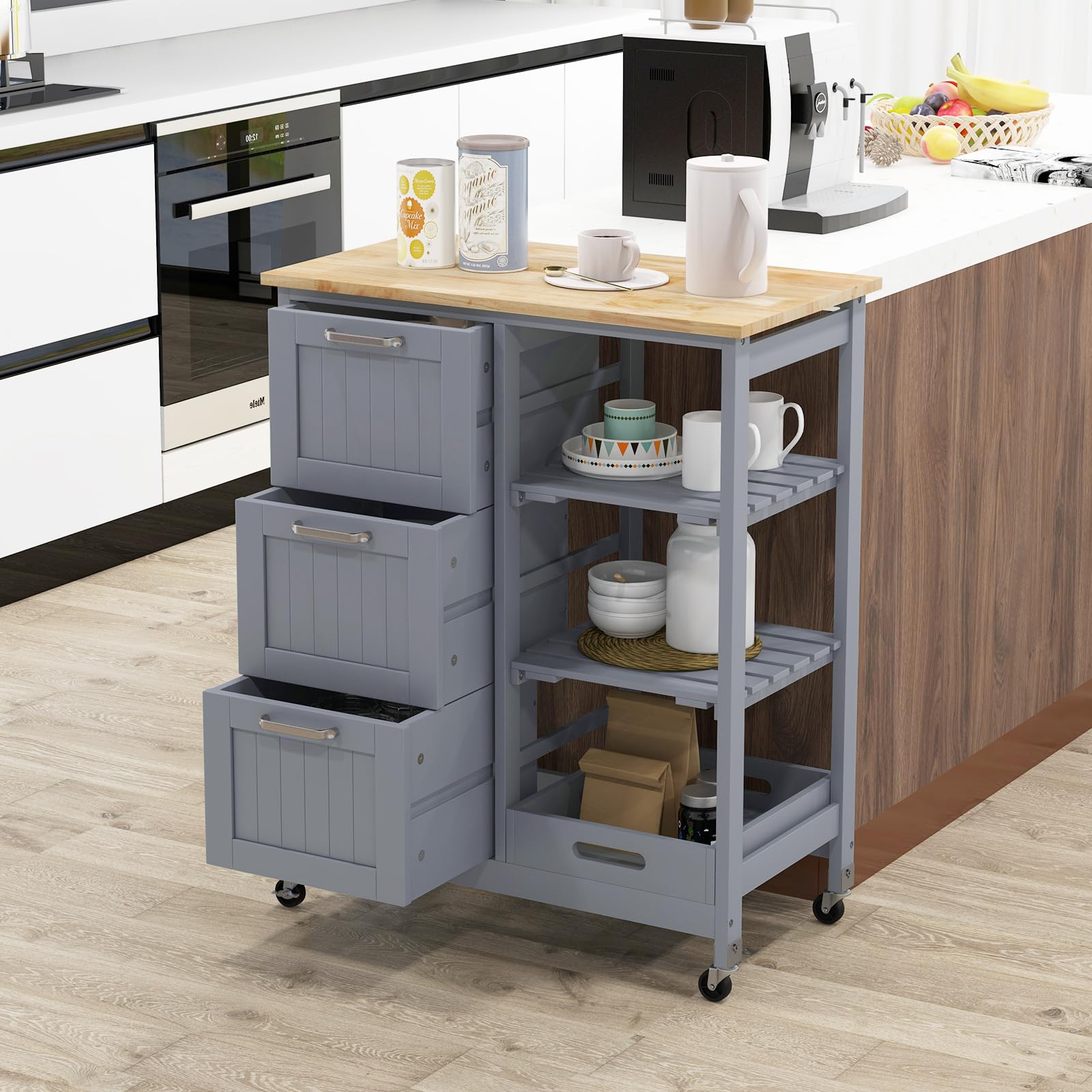 GOFLAME Kitchen Island Cart on Wheels with Storage - 3 Drawers, Wood Countertop & Removable Tray | Lockable Casters Mobile Serving Cart for Kitchen, Dining Room, Office | Perfect for Small Spaces, Entertaining & Extra Counter Space (Grey)