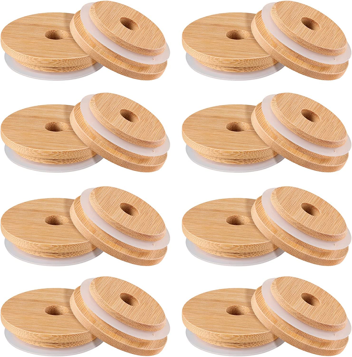 DOITOOL 16Pcs Reusable Bamboo Jar Lids with Straw Hole - Eco-Friendly Bamboo Can Lids for Beer, Mason Jars (70mm) - Perfect for Iced Coffee, Smoothies & Home Brewing