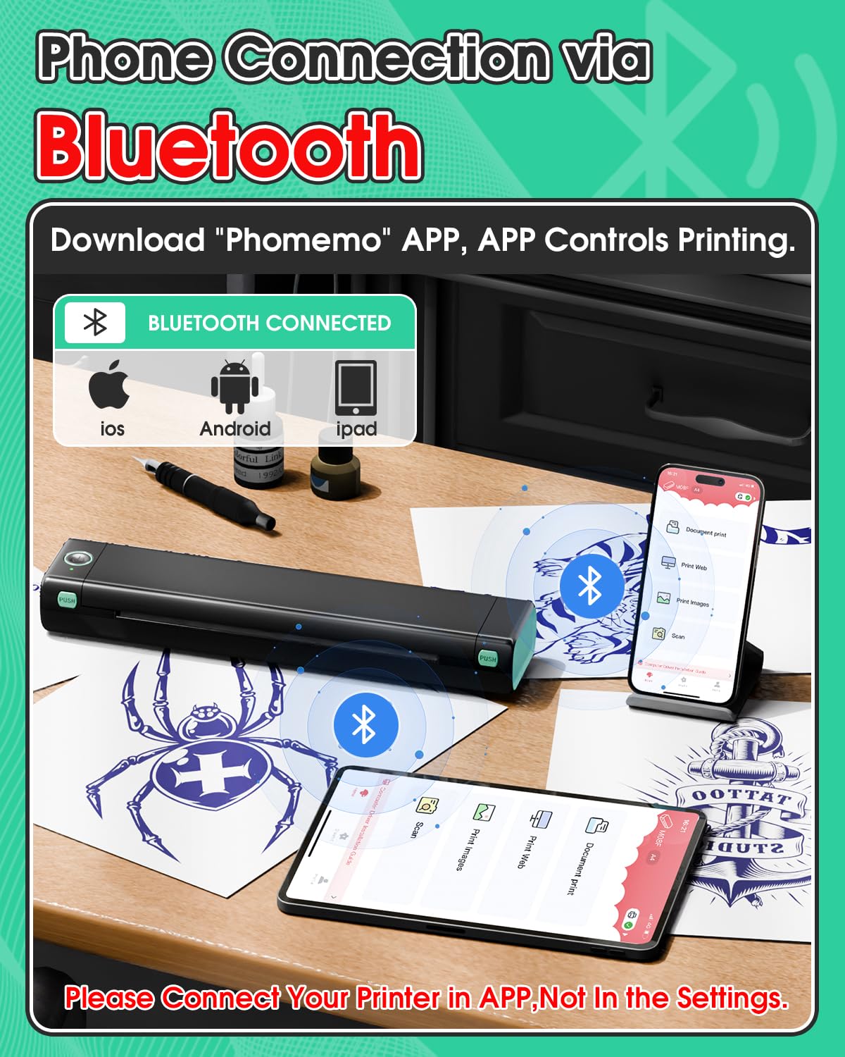 Phomemo M08F Bluetooth Thermal Tattoo Stencil Printer Kit with 110pcs Transfer Paper & Protective Case - Inkless Tattoo Machine for Professional Artists & Enthusiasts | Perfect for Tattoo Studios, Home Practice & Temporary Body Art Designs