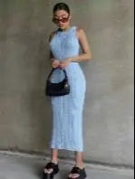Autumn Winter Women's Solid Color Crochet Midi Dress - Sleeveless O-Neck Bodycon Knit Sweater Dress for Party, Date Night & Elegant Occasions | Sexy Knitted Outfit for Women