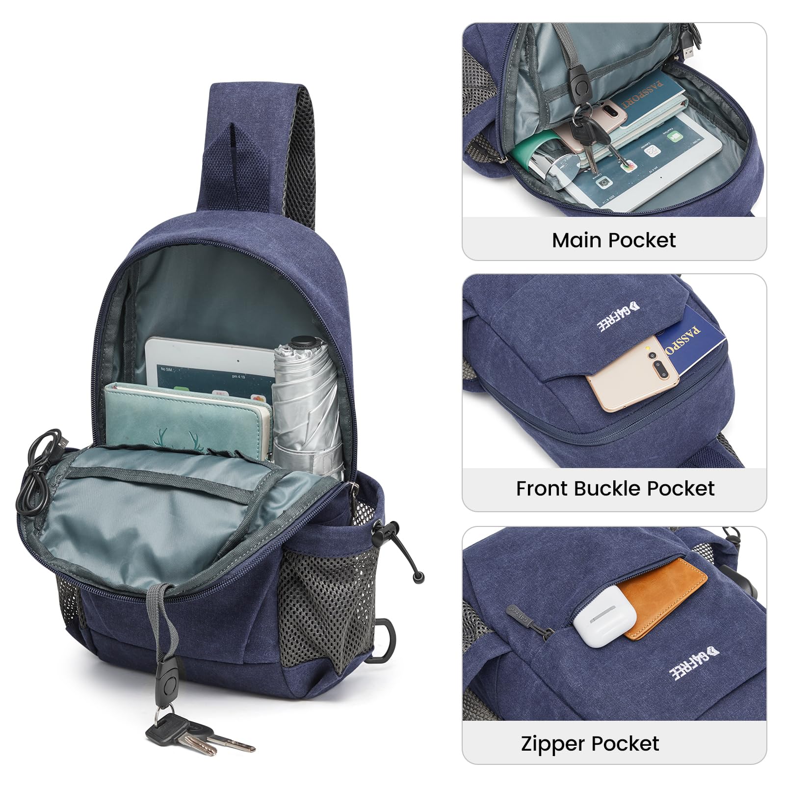 G4Free Anti-Theft Canvas Sling Bag with USB Charging Port - Crossbody Backpack Shoulder Bag for Men & Women - Perfect for Travel, Hiking, Commuting and Daily Use