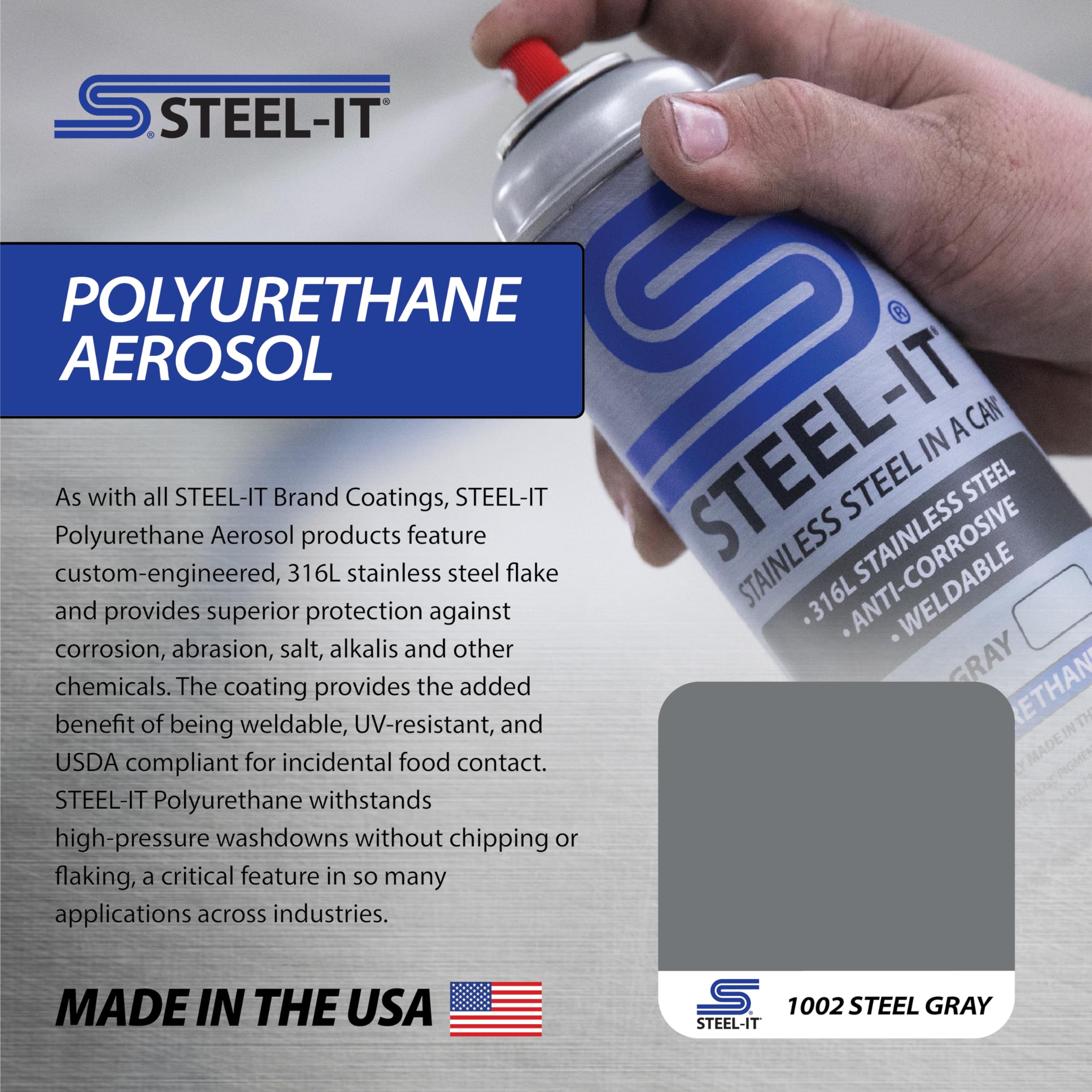Steel-It 1002D Polyurethane Aerosol Spray Paint - Industrial Grade Weldable Coating, Steel Gray (3 Pack) - Rust Protection for Metal Surfaces, Equipment & Automotive Parts