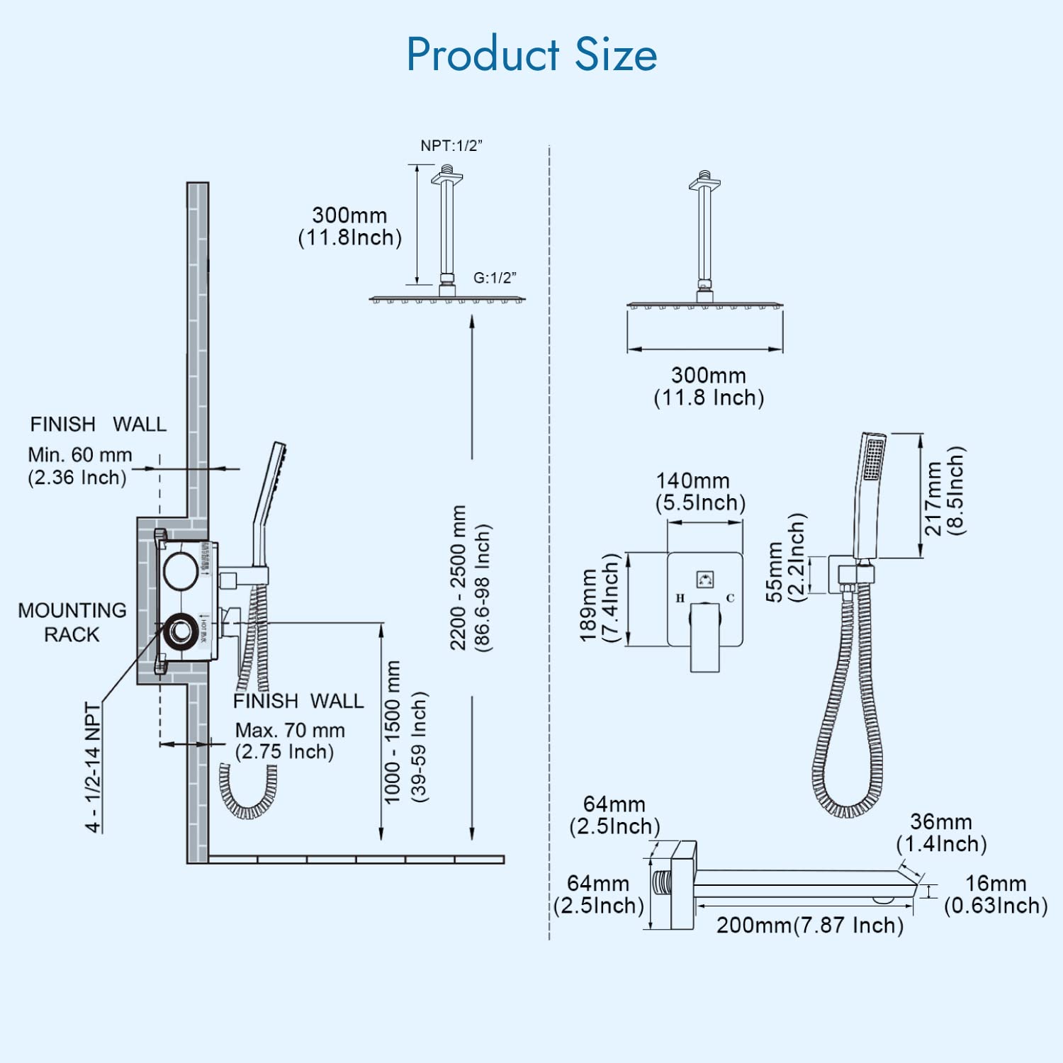 12 Inch Rain Shower System Complete Set - Ceiling Mount Rainfall Shower Head with Handheld Spray, Tub Spout & Rough-in Valve - Brushed Nickel Finish for Luxurious Bathroom Upgrade | Perfect for Master Bath, Spa Retreat & Modern Home Renovation