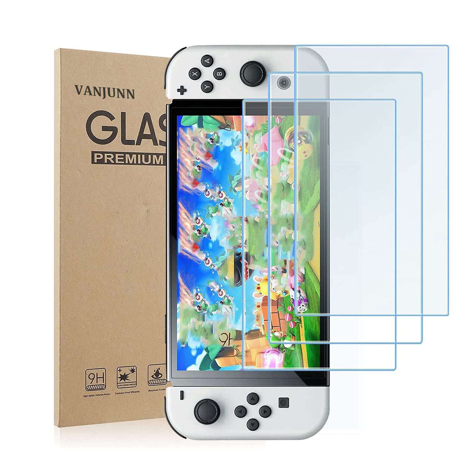VANJUNN Tempered Glass Screen Protector for Nintendo Switch OLED - Anti Blue Light, Anti-Scratch, Eye Protection Film (3 Pack) - Perfect for Gaming, Travel, and Long Play Sessions