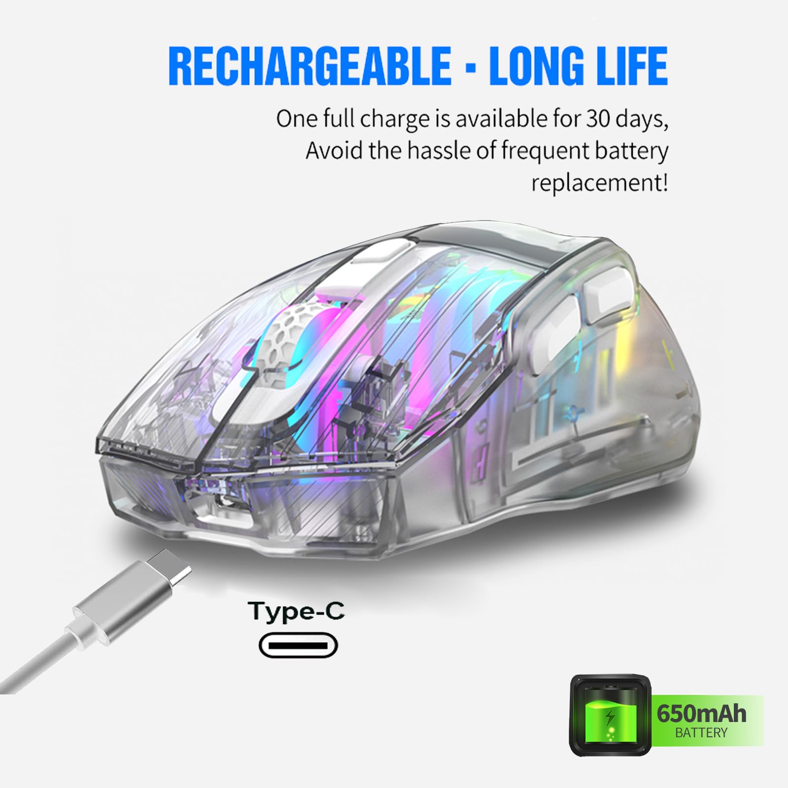 Zienstar Wireless Gaming Mouse - Transparent Crystal Shell, Tri-Mode (USB/2.4G/Bluetooth), Silent Click, Rechargeable, RGB Backlit for PC, Laptop, Mac - Perfect for Gaming, Office & Home Use