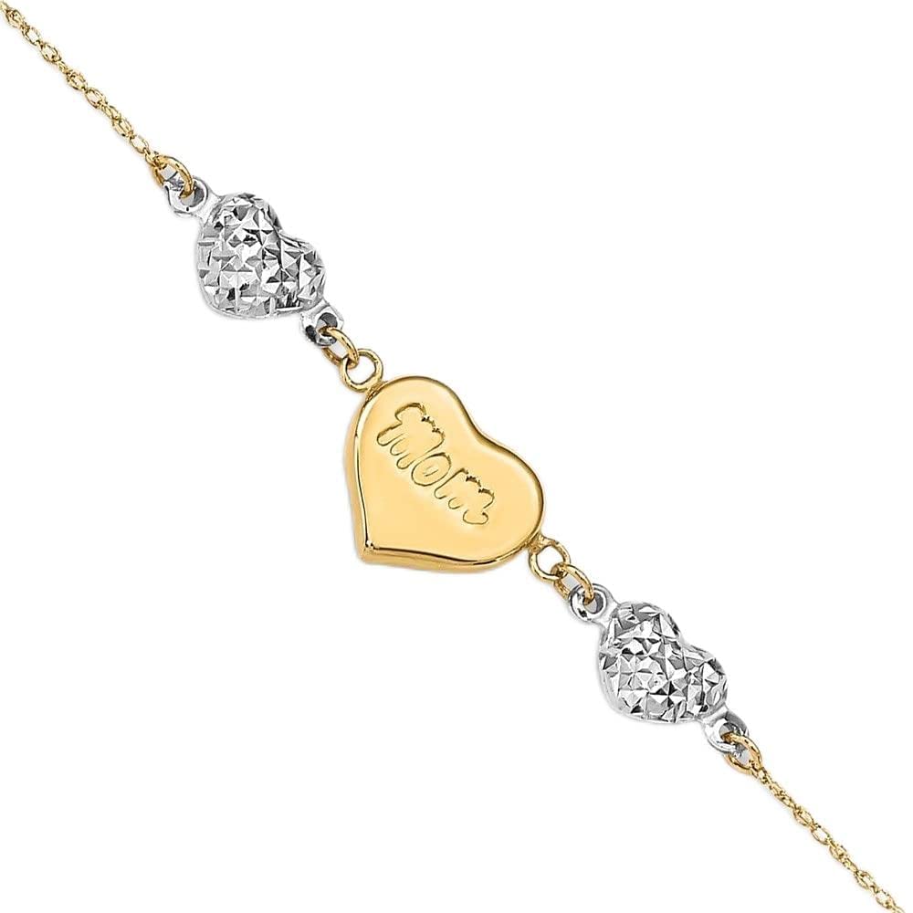14K Two-Tone Gold Diamond-Cut Puffed Heart Mom Anklet with 1 Inch Extender - Elegant Gift for Mother’s Day, Birthday, Anniversary & Special Occasions