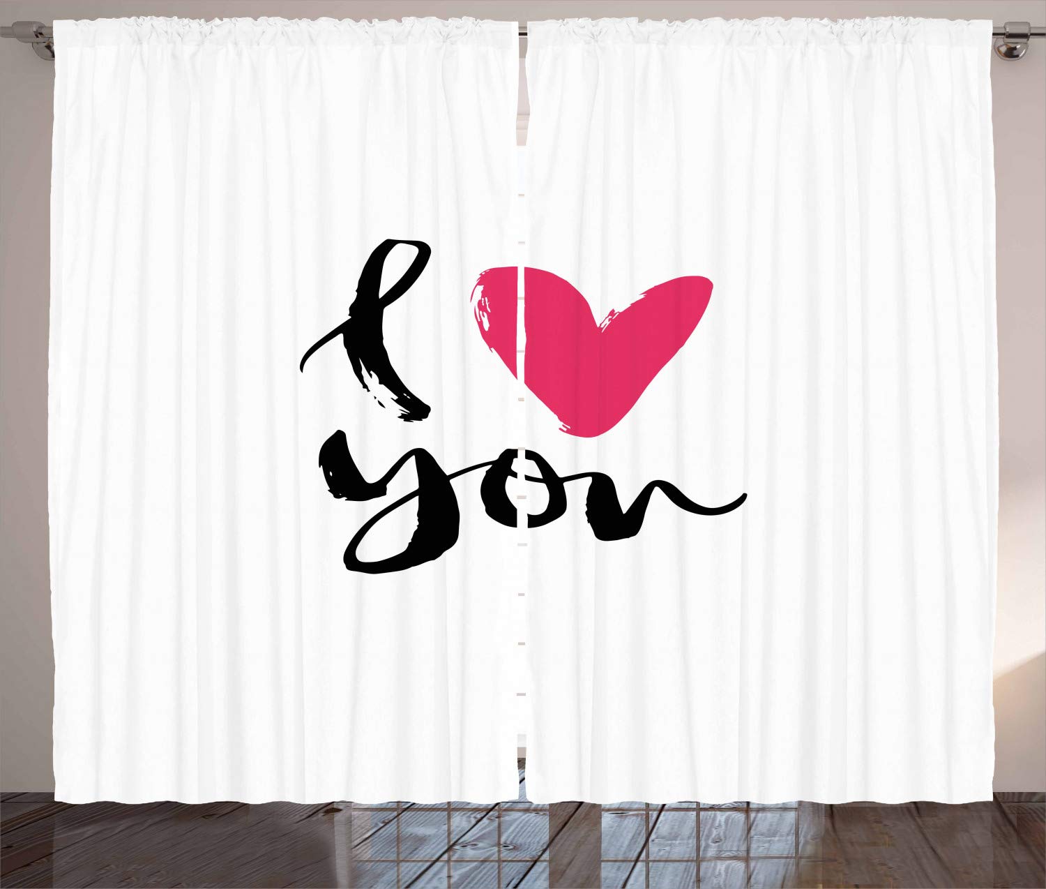 Ambesonne Love Curtains - Hand Drawn Valentine's Day Calligraphy Art, Romantic Black Hot Pink White Window Drapes (2 Panels, 108