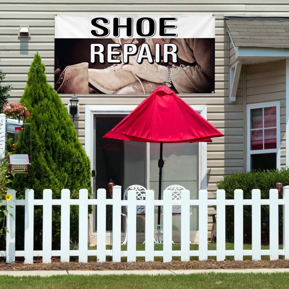 Durable Vinyl Banner for Shoe Repair Business - Weatherproof Outdoor Sign with 8 Grommets (48x96 Inches, Brown) - Perfect for Storefronts, Industrial Yards & Business Advertising