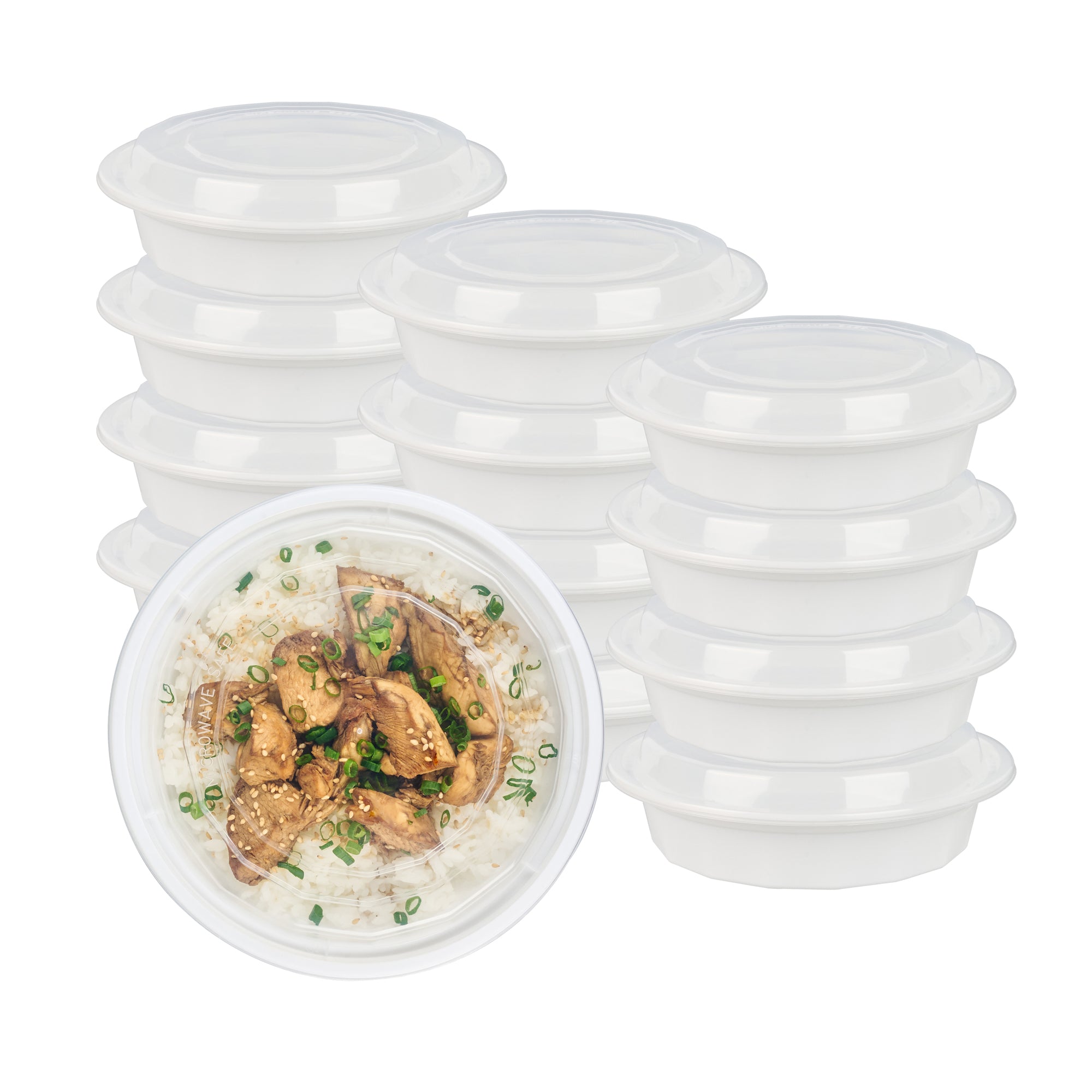 24 oz Round White Plastic Food Storage Containers with Clear Lids - 50 Pack, Microwave Safe To-Go Boxes (7.25